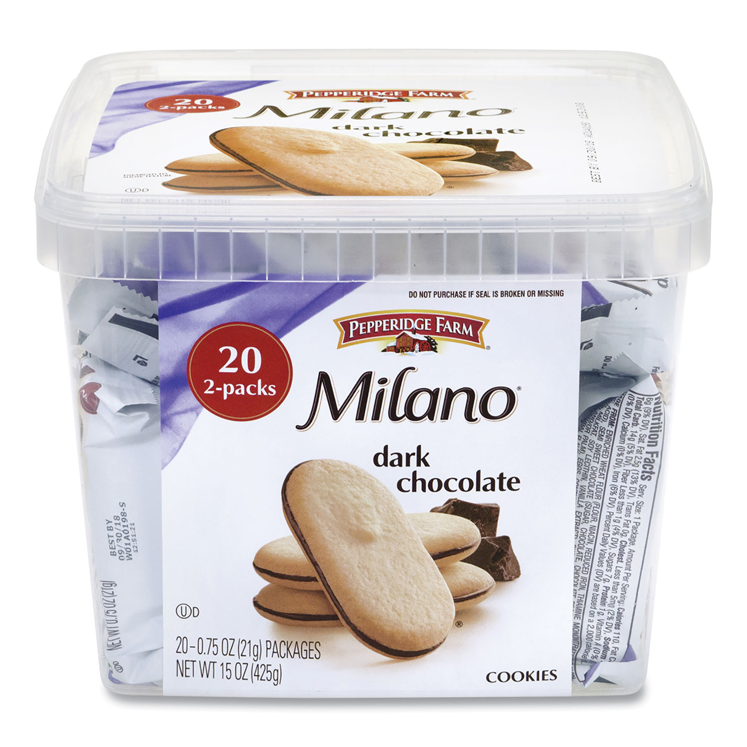 Milano Dark Chocolate Cookies, 0.75 oz Pack, 20 Packs/Box, Ships in 1-3  Business Days