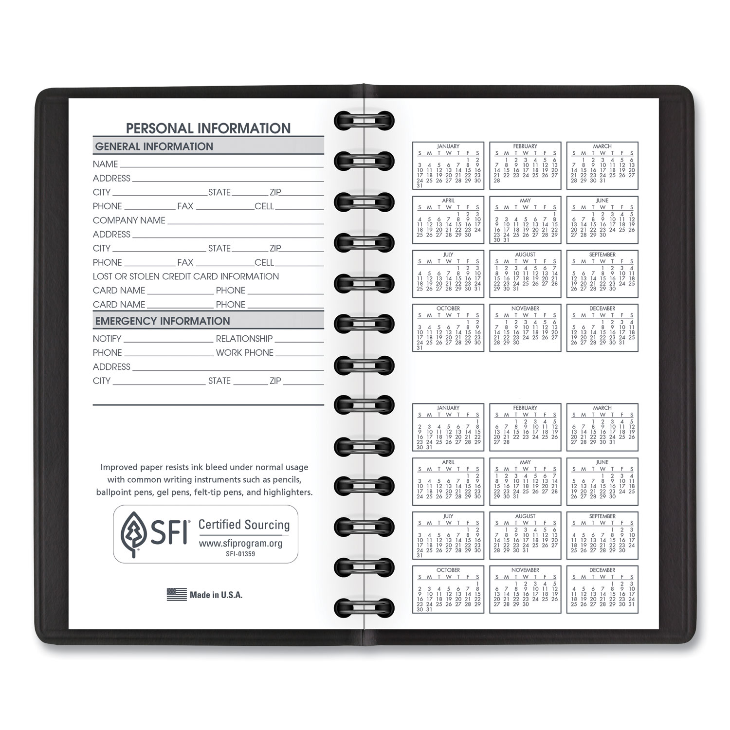 12 Month Dated Appointment Book with Complete Business Organizer/Planner - popular Black & White Dog Paws Design - Start Any Month