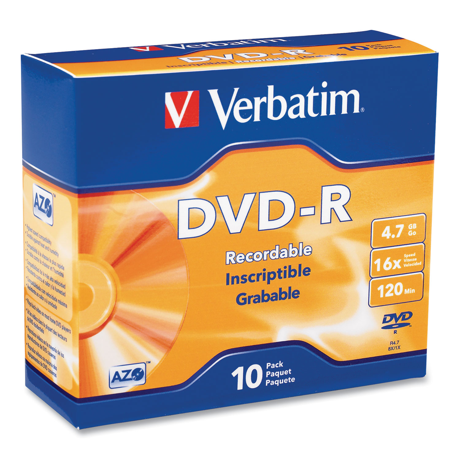  Verbatim 95099 DVD-R Discs, 4.7GB, 16x, w/Slim Jewel Cases, 10/Pack (VER95099) 