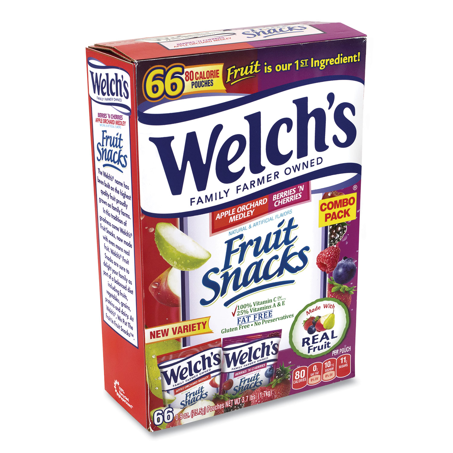  Welch's 69865 Fruit Snacks, Berries 'N Cherries/Apple Orchard Medley, 0.9 oz Pouch, 66 Pouches/Box, Free Delivery in 1-4 Business Days (GRR22000502) 