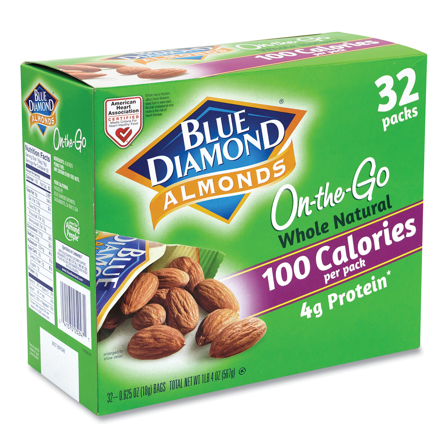 Blue Diamond® Whole Natural Almonds On-the-Go, 0.63 oz Pouch, 32 Pouches/Carton, Free Delivery in 1-4 Business Days
