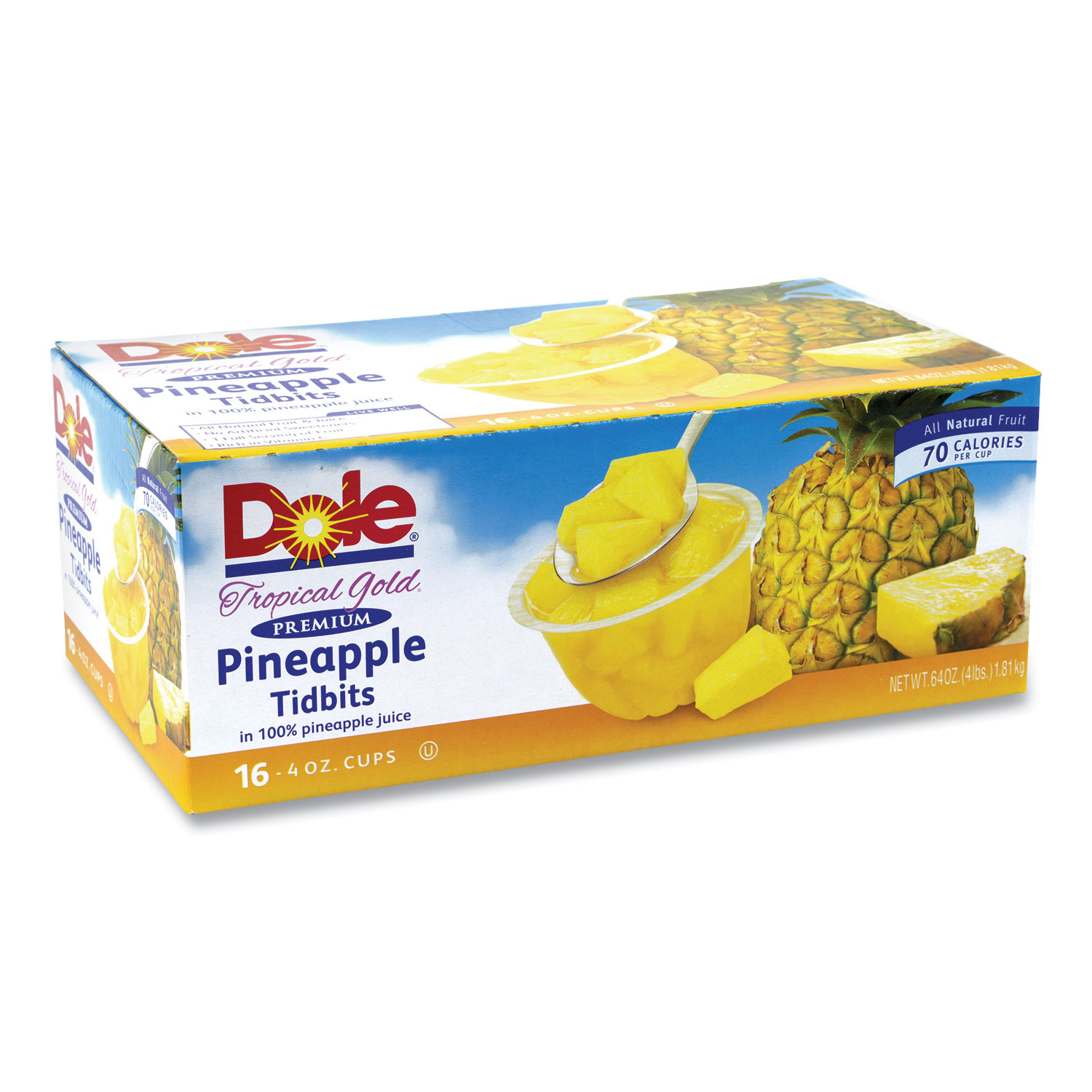 Dole® Tropical Gold Premium Pineapple Tidbits, 4 oz Bowls, 16 Bowls/Carton, Free Delivery in 1-4 Business Days