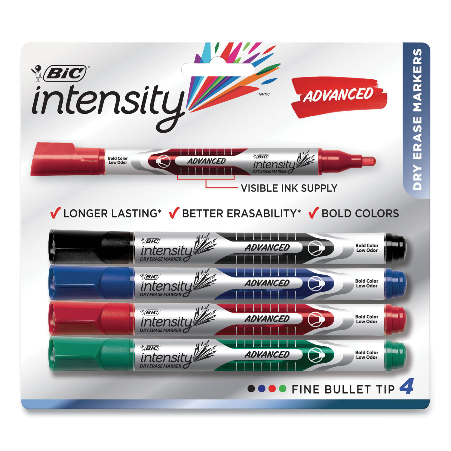 BIC® Intensity Pocket-Style Advanced Dry Erase Marker, Medium Bullet Tip, Assorted, 4/Pack