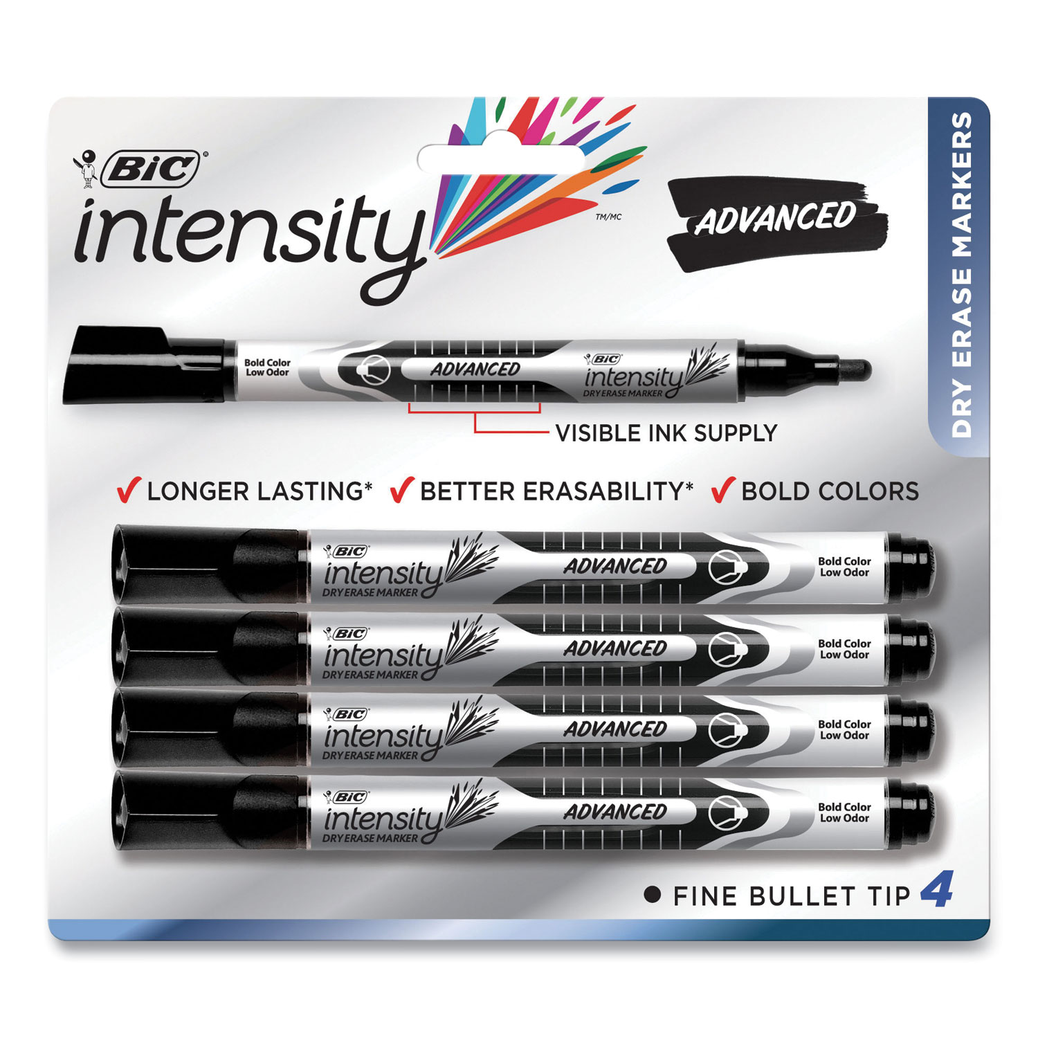 BIC® Intensity Pocket-Style Advanced Dry Erase Marker, Medium Bullet Tip, Black, 4/Pack