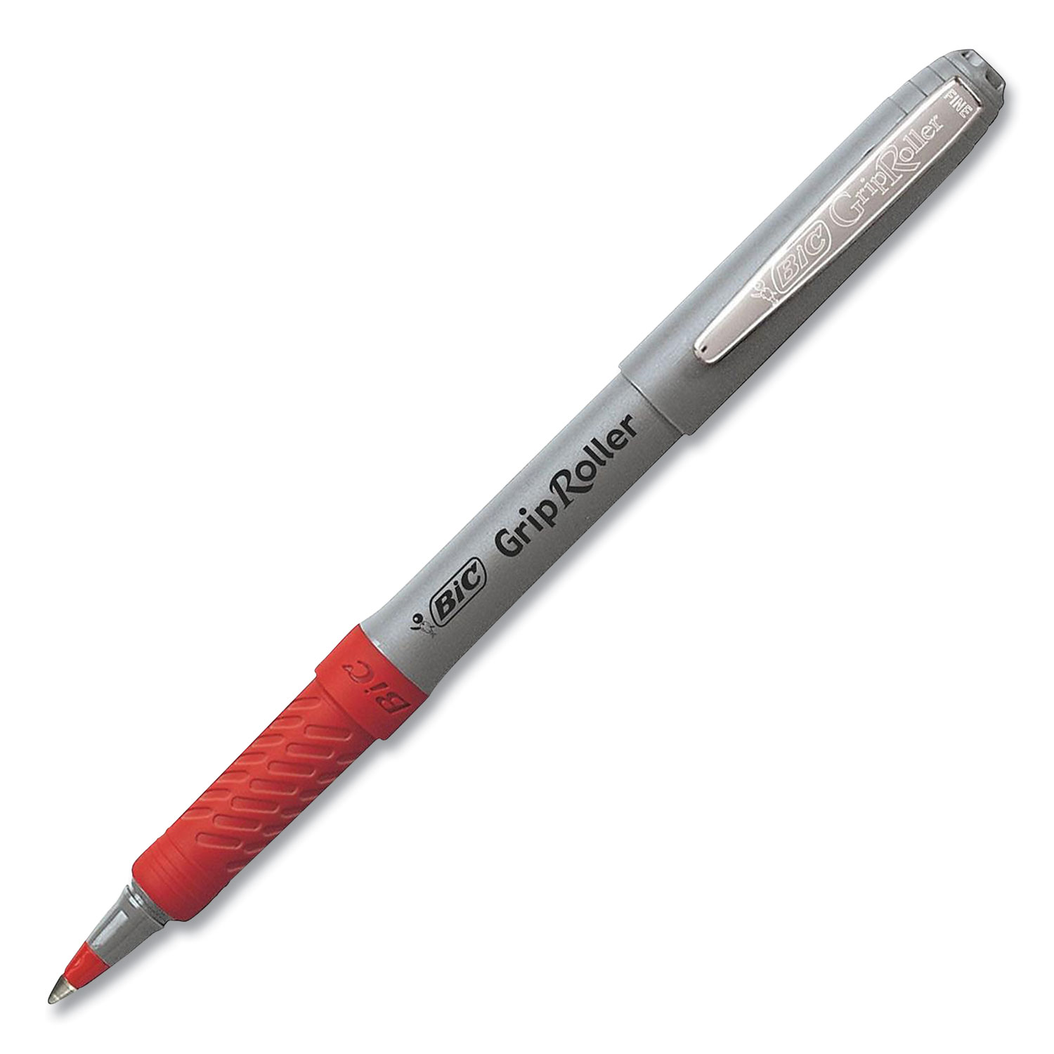 BIC® Roller Glide Roller Ball Pen, Fine 0.7mm, Red Ink, Gray Barrel, Dozen