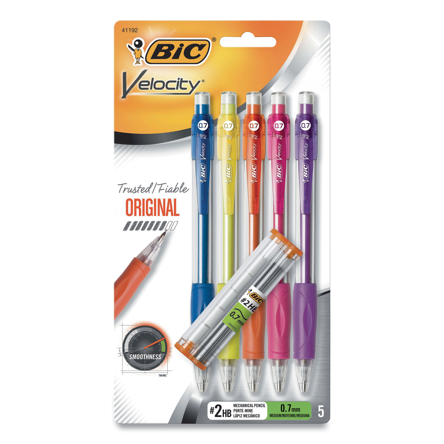 BIC® Velocity Original Mechanical Pencil, 0.7 mm, HB (#2), Black Lead, Assorted Barrel Colors, 5/Pack