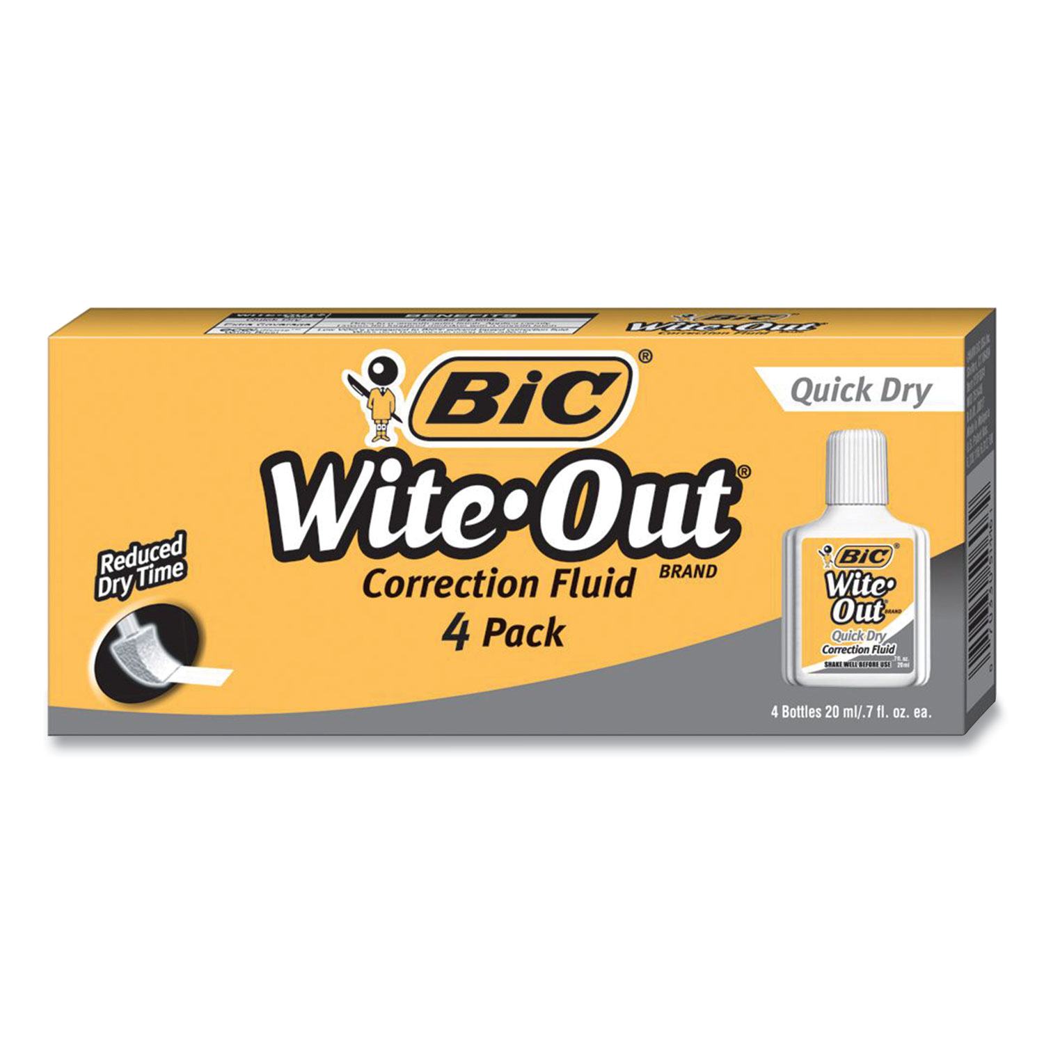 BIC® Wite-Out Quick Dry Correction Fluid, 20 mL Bottle, White, 4/Pack