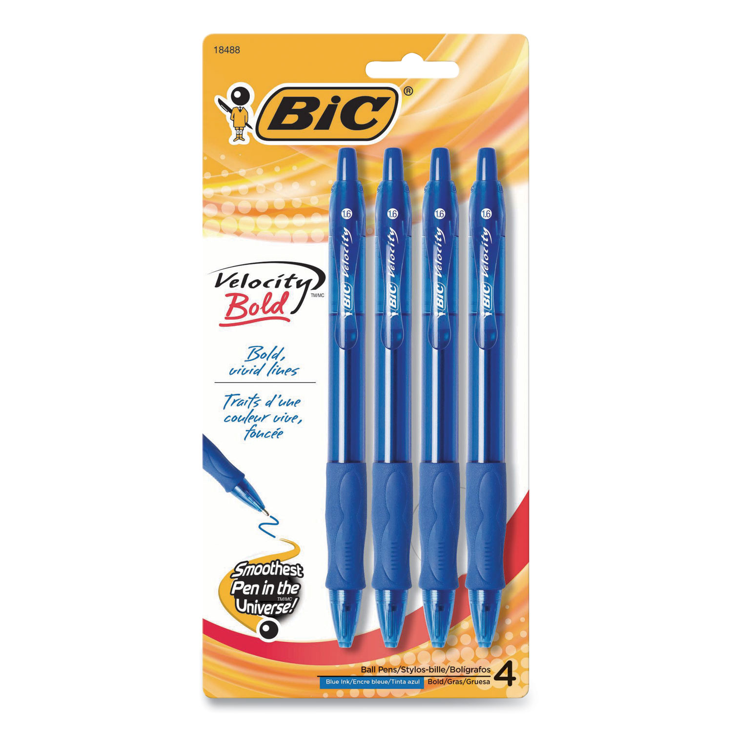 BIC® Velocity Retractable Ballpoint Pen, Bold 1.6mm, Blue Ink, Translucent Blue Barrel, 4/Pack
