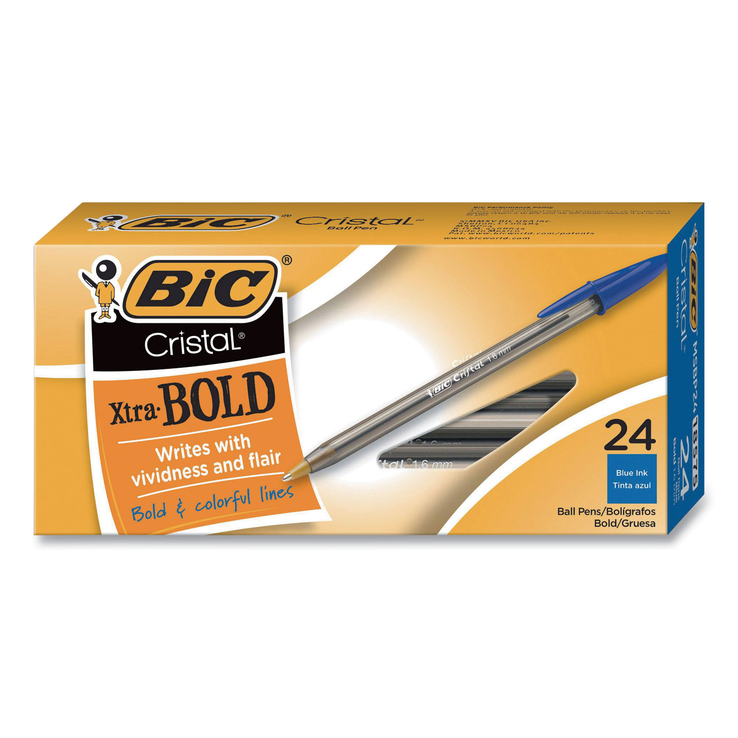  BIC MSBP241-BLU Cristal Xtra Bold Stick Ballpoint Pen, Bold 1.6mm, Blue Ink, Clear Barrel, 24/Pack (BIC897512) 