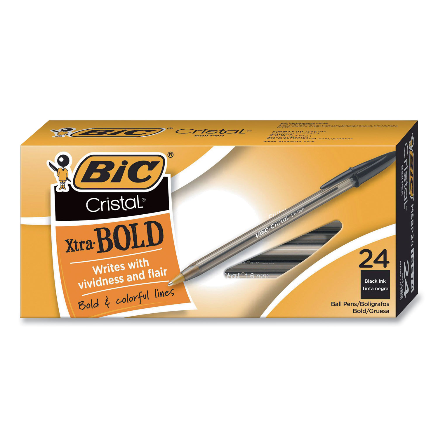 BIC® Cristal Xtra Bold Stick Ballpoint Pen, 1.6mm, Black Ink, Clear Barrel, 24/Pack