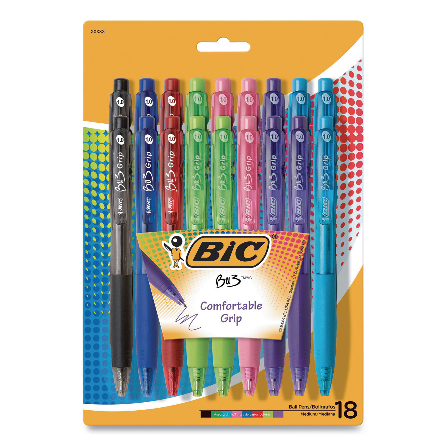 BIC® BU3 Retractable Ballpoint Pen, Medium 1 mm, Assorted Fashion Inks/Barrels, 18/Pack