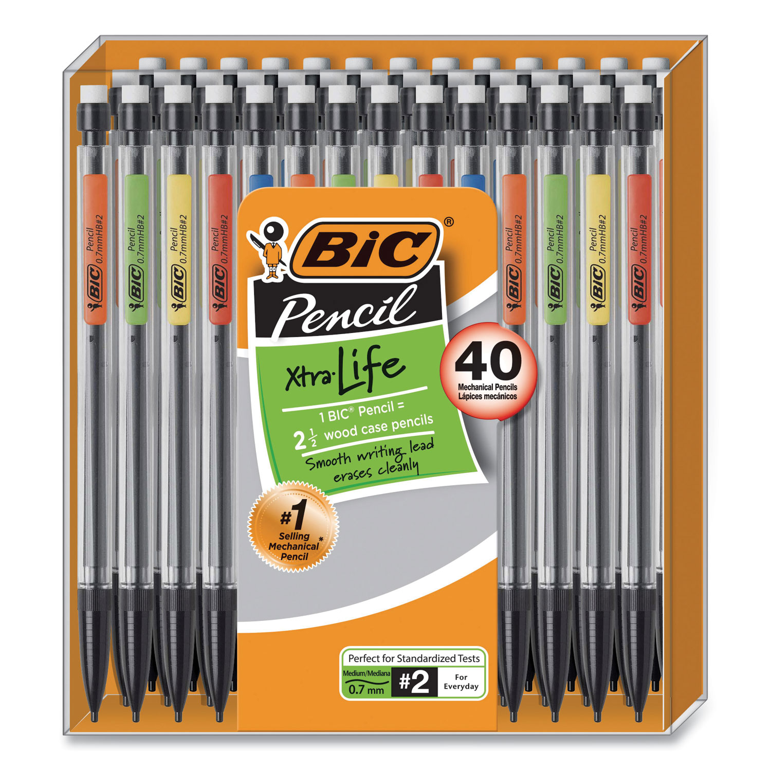 BIC® Xtra Smooth Mechanical Pencil, 0.7 mm, HB (#2), Black Lead, Clear Barrel, 40/Pack