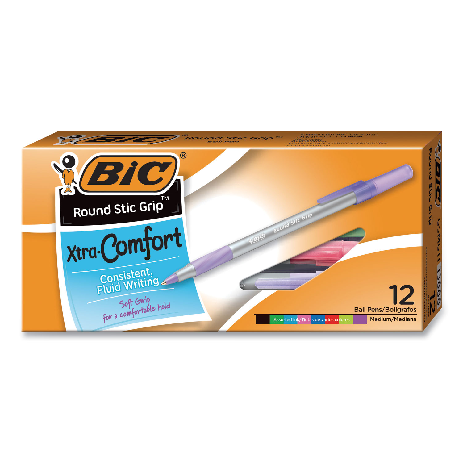 BIC® Round Stic Grip Xtra Comfort Stick Ballpoint Pen, 1mm, Assorted Fashion Inks, Translucent Barrels, Dozen