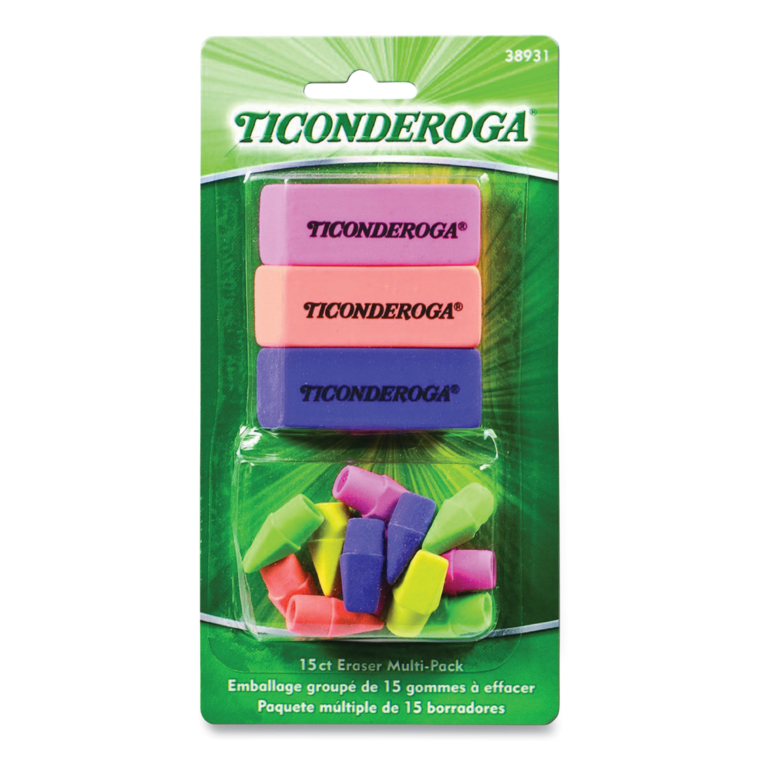 Ticonderoga® Neon Eraser Multipack, 3 Beveled, 12 Wedge Cap, Multicolor