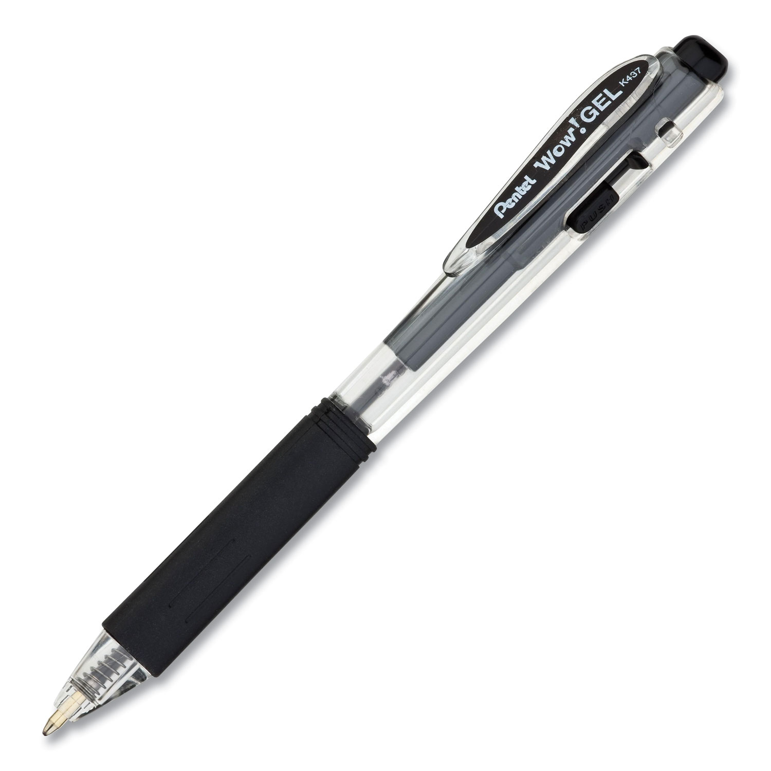 Pentel® WOW! Retractable Gel Pen, Medium 0.7 mm, Black Ink, Clear/Black Barrel, Dozen