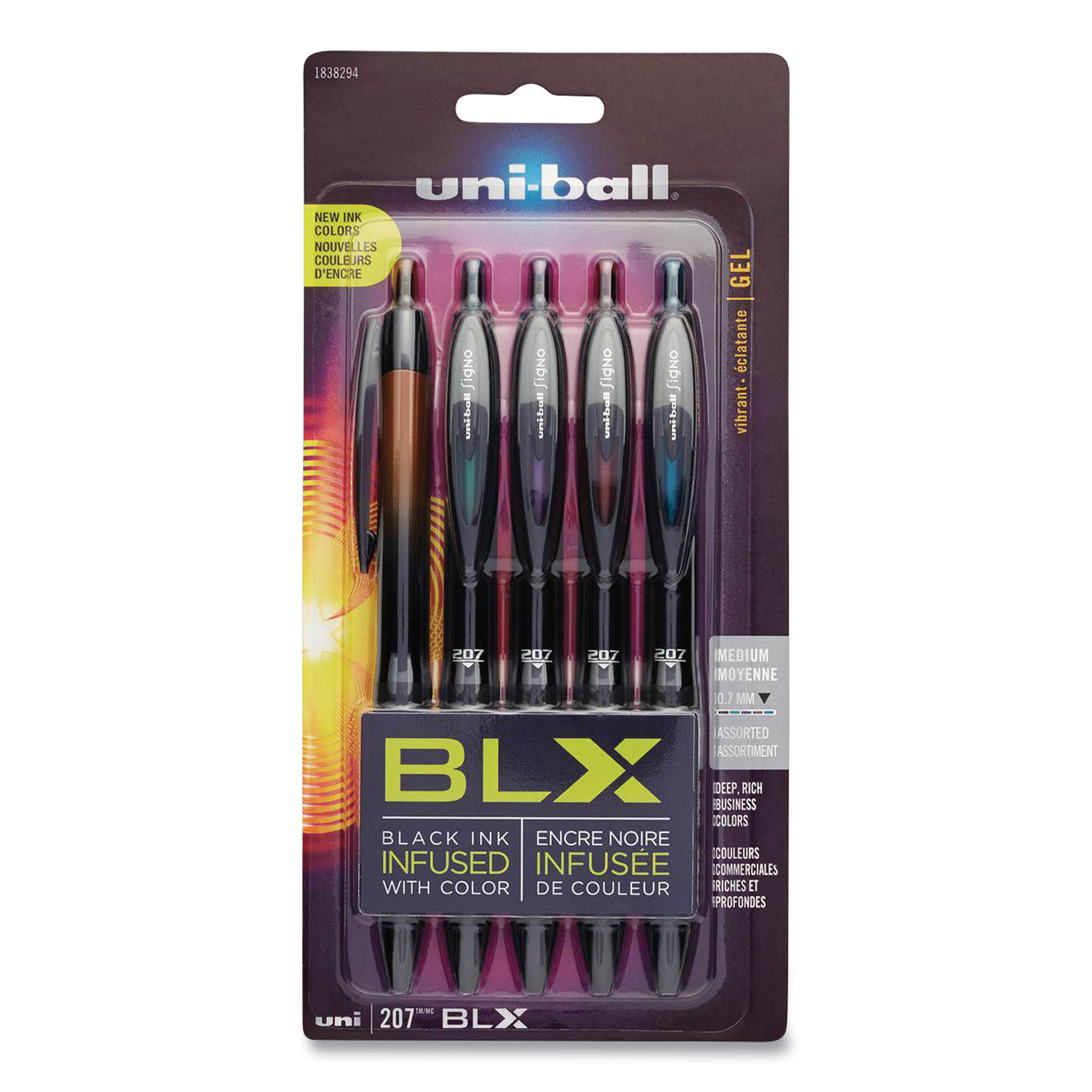  uni-ball 1838294 207 BLX Series Retractable Gel Pen, Medium 0.7 mm, Assorted Ink/Barrel, 5/Pack (UBC140650) 