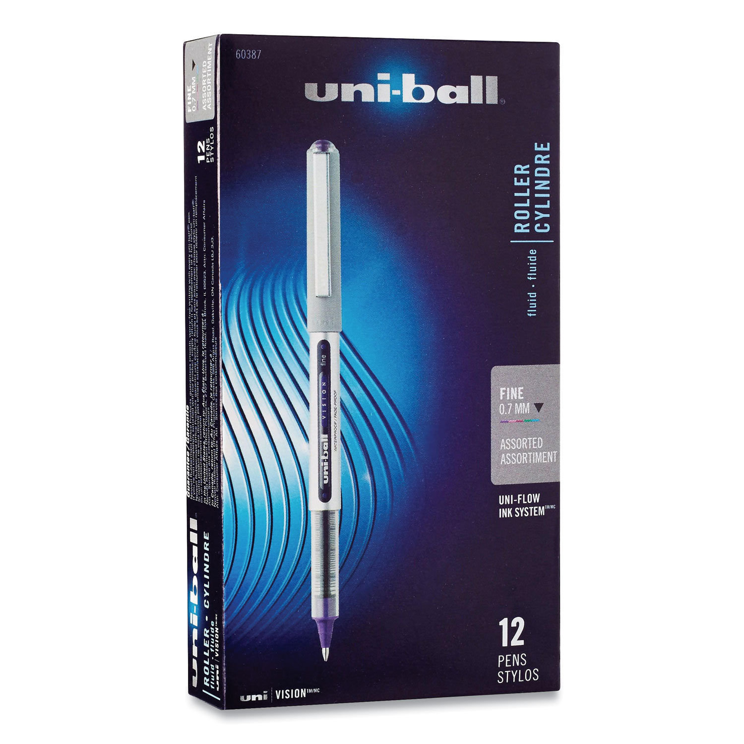  uni-ball 60387 VISION Roller Ball Pen, Fine 0.7 mm, Assorted Ink/Barrel, Dozen (UBC405338) 