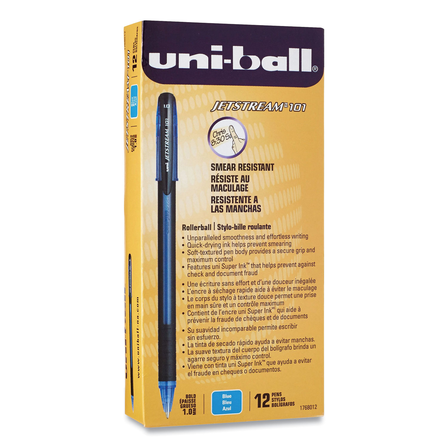 uni-ball® Jetstream 101 Stick Roller Ball Pen, Bold 1 mm, Blue Ink/Barrel, Dozen