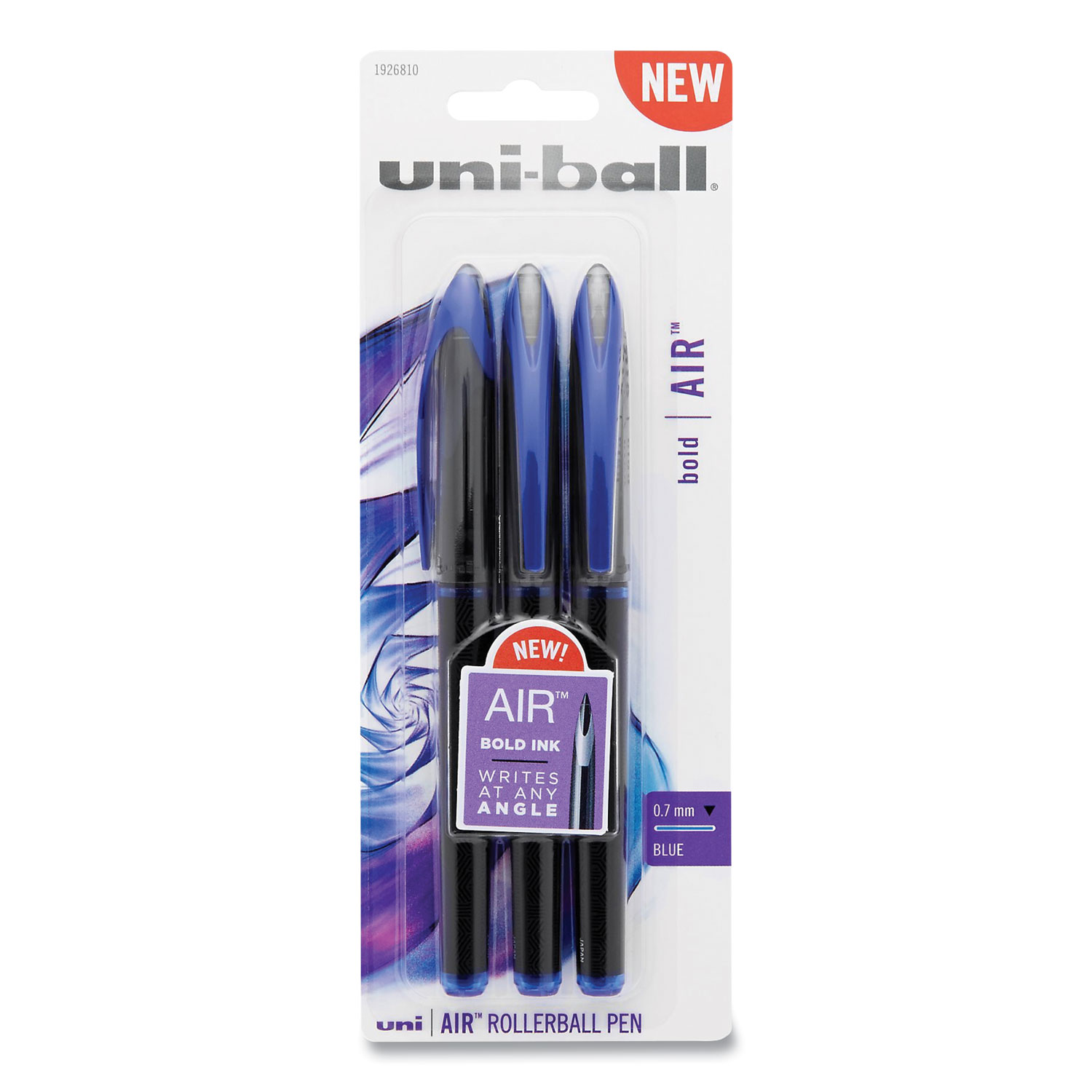  uni-ball 1926810 AIR Porous Rollerball Pen, Medium 0.7 mm, Blue Ink, Black/Blue Barrel, 3/Pack (UBC1498877) 