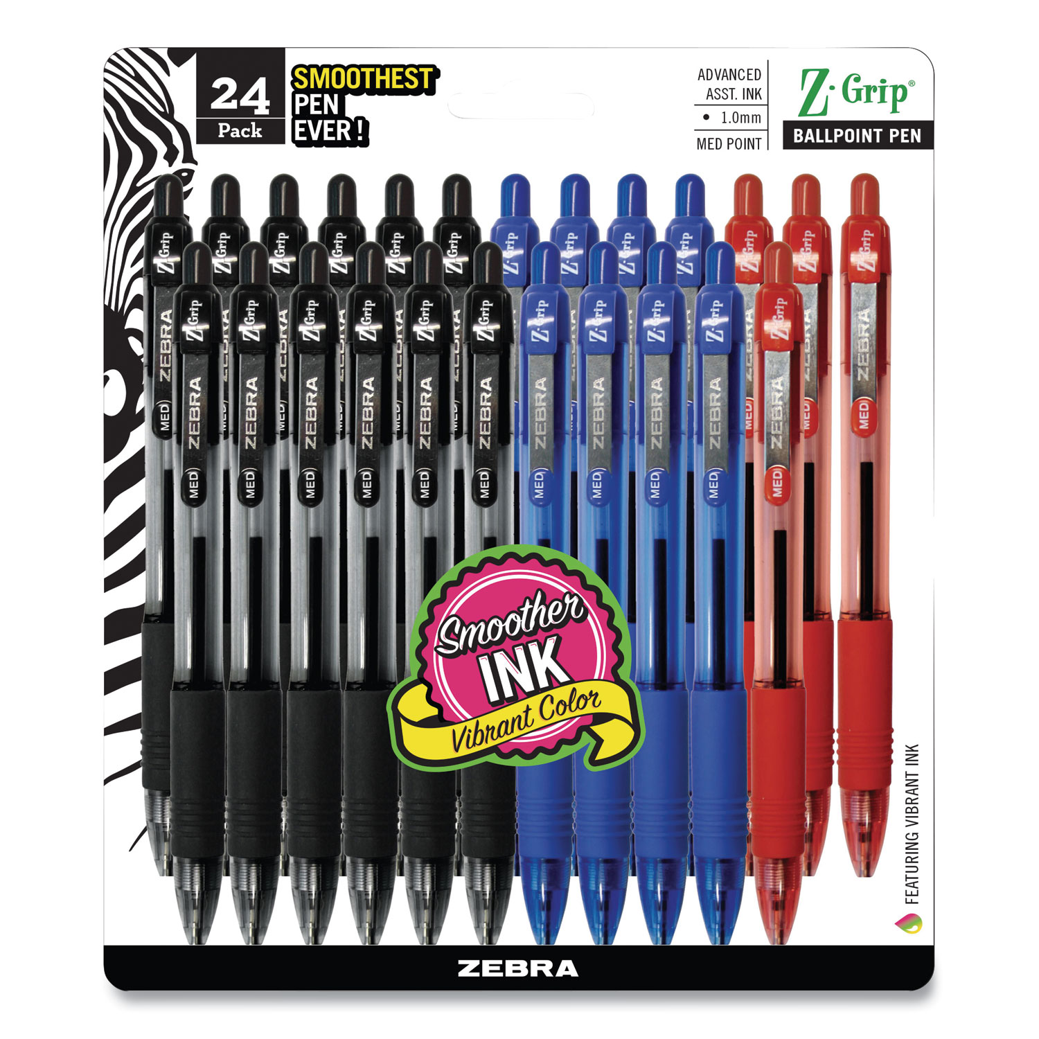  Zebra 12224 Z-Grip Retractable Ballpoint Pen, Medium 1 mm, Assorted Ink/Barrel, 24/Pack (ZEB678448) 