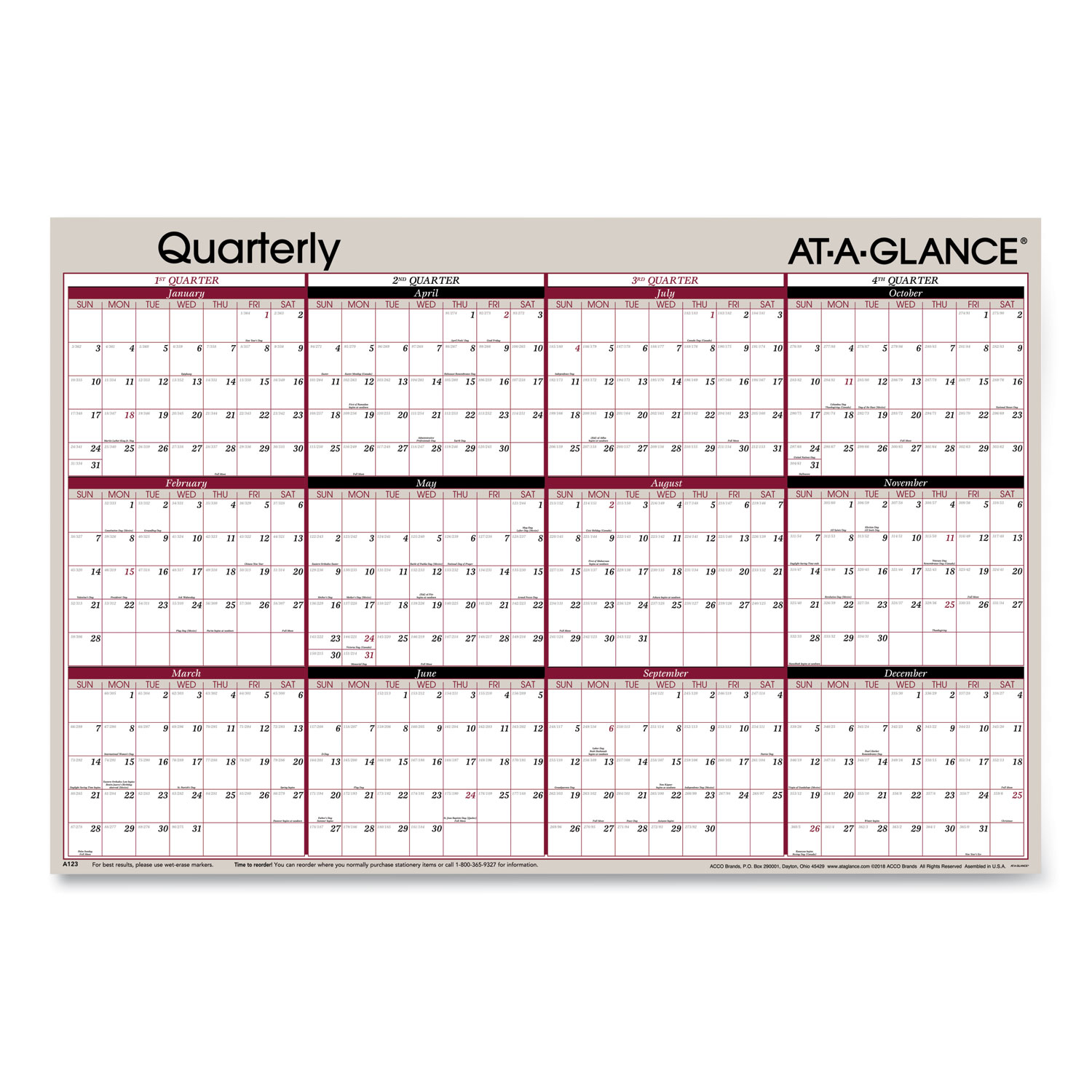  AT-A-GLANCE A123 Vertical/Horizontal Erasable Quarterly Wall Planner, 24 x 36, 2020 (AAGA123) 