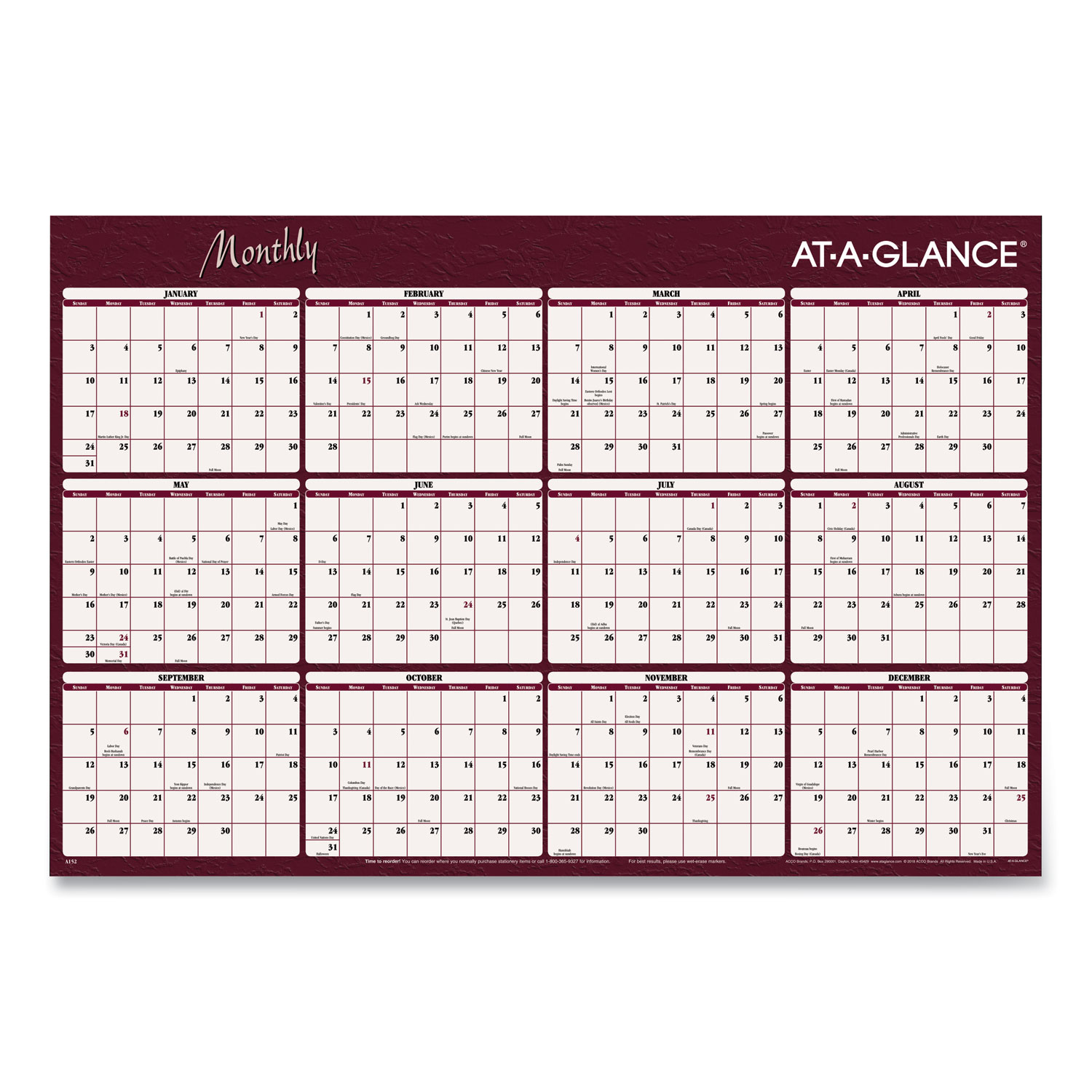  AT-A-GLANCE A152 Reversible Horizontal Erasable Wall Planner, 48 x 32, 2020 (AAGA152) 