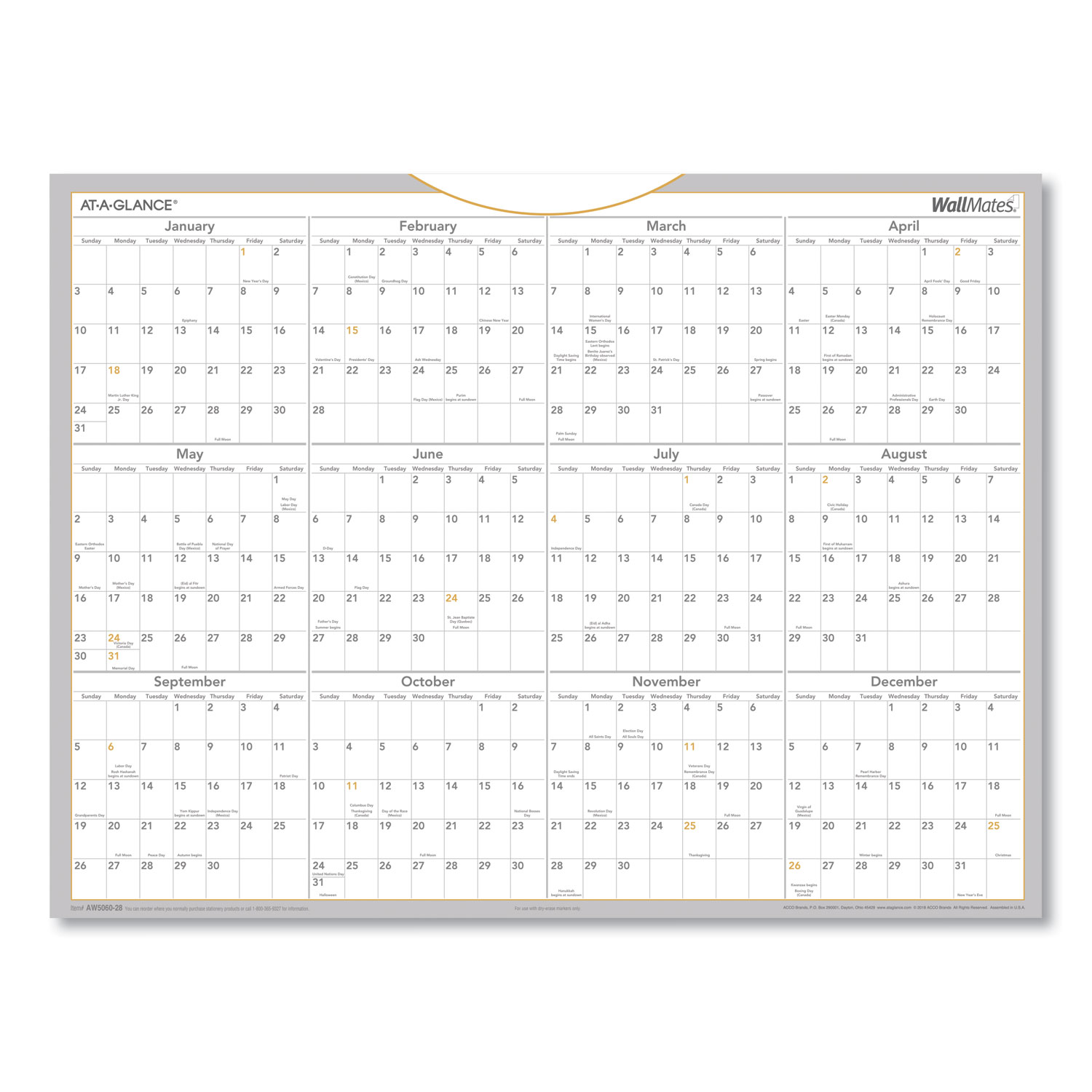  AT-A-GLANCE AW506028 WallMates Self-Adhesive Dry Erase Yearly Calendar, 24 x 18, 2020 (AAGAW506028) 