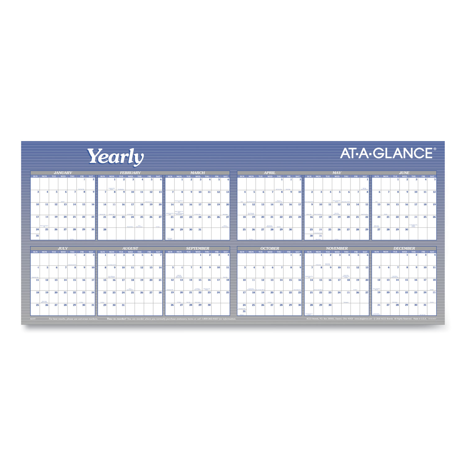  AT-A-GLANCE A177 Large Horizontal Erasable Wall Planner, 60 x 26, White/Blue, 2020 (AAGA177) 
