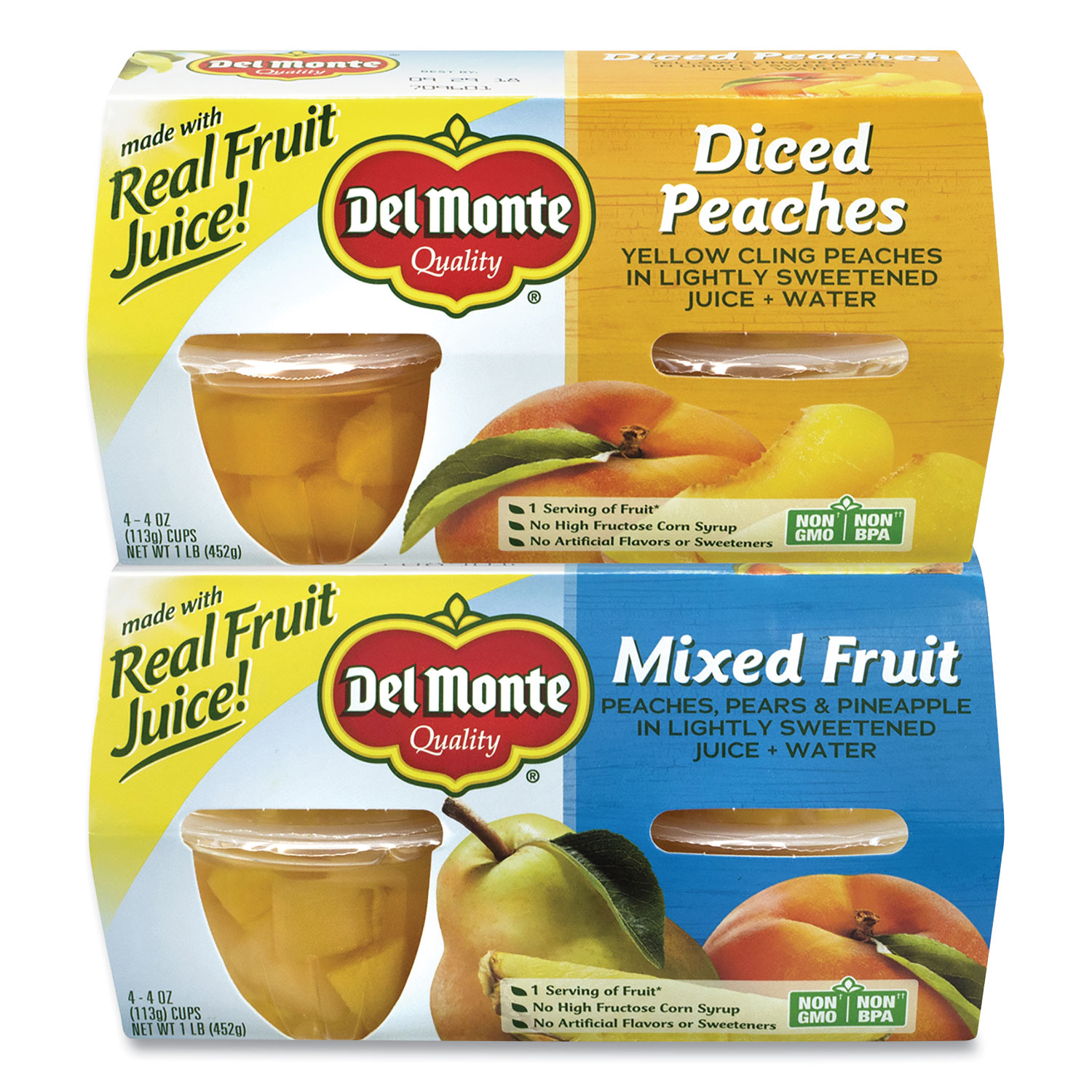 Del Monte® Diced Peaches and Mixed Fruit Cups, 4 oz Cups, 16 Cups/Box, Free Delivery in 1-4 Business Days