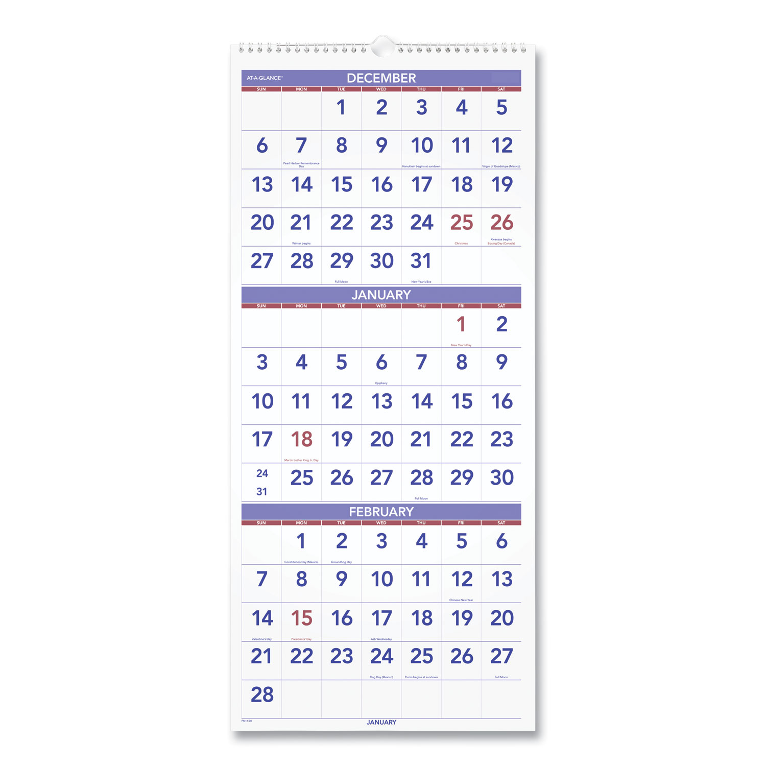  AT-A-GLANCE PM11-28 Vertical-Format Three-Month Reference Wall Calendar, 12 x 27, 2020 (AAGPM1128) 