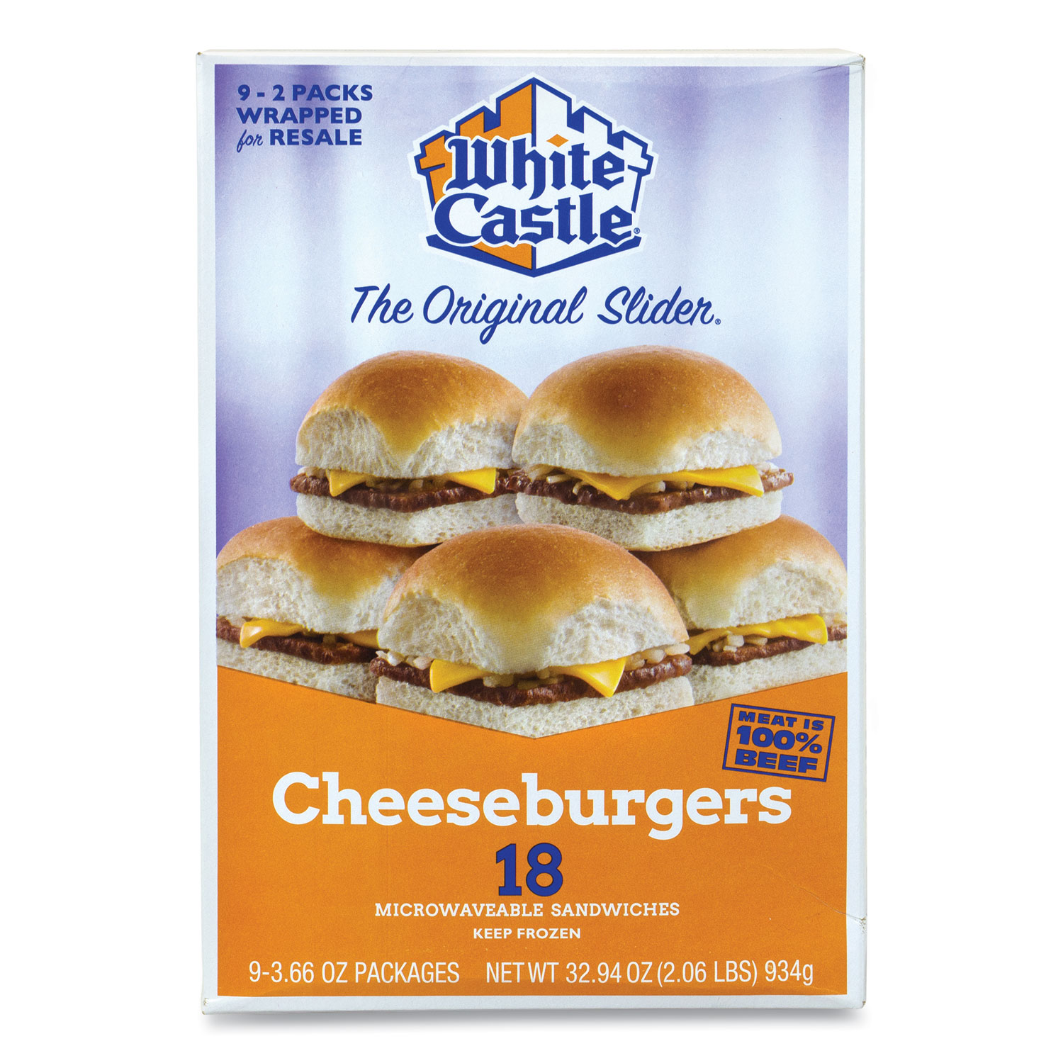  White Castle 801018 Cheeseburger Sliders, 3.66 oz Pack, 2 Burgers/Pack, 9 Packs/Box, Free Delivery in 1-4 Business Days (GRR90300065) 