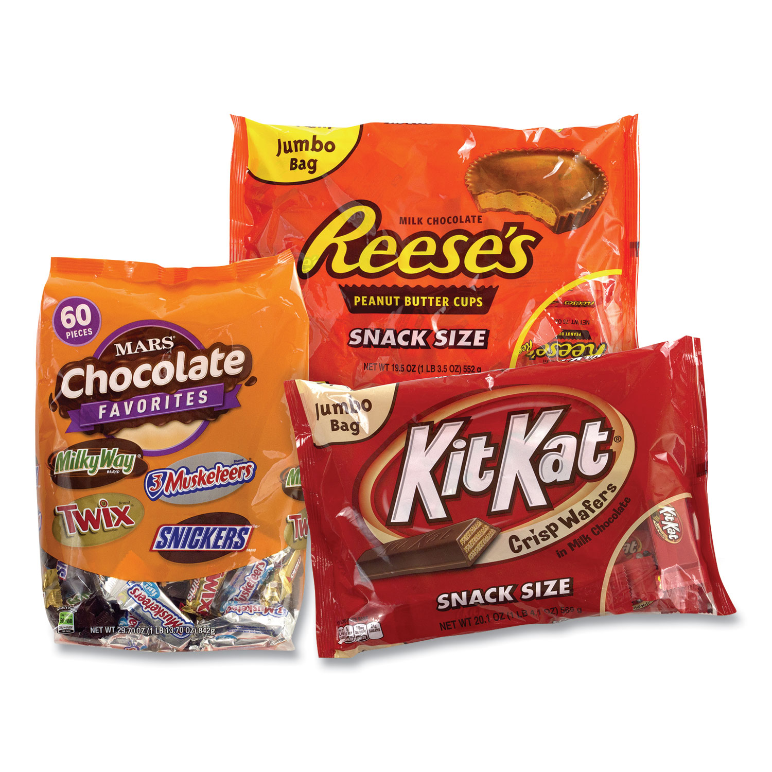 National Brand Chocolate Party Assortment, Mars Asst/Kit Kat/Reeses Peanut Butter Cups, 3 Bag Bundle, Free Delivery in 1-4 Business Days