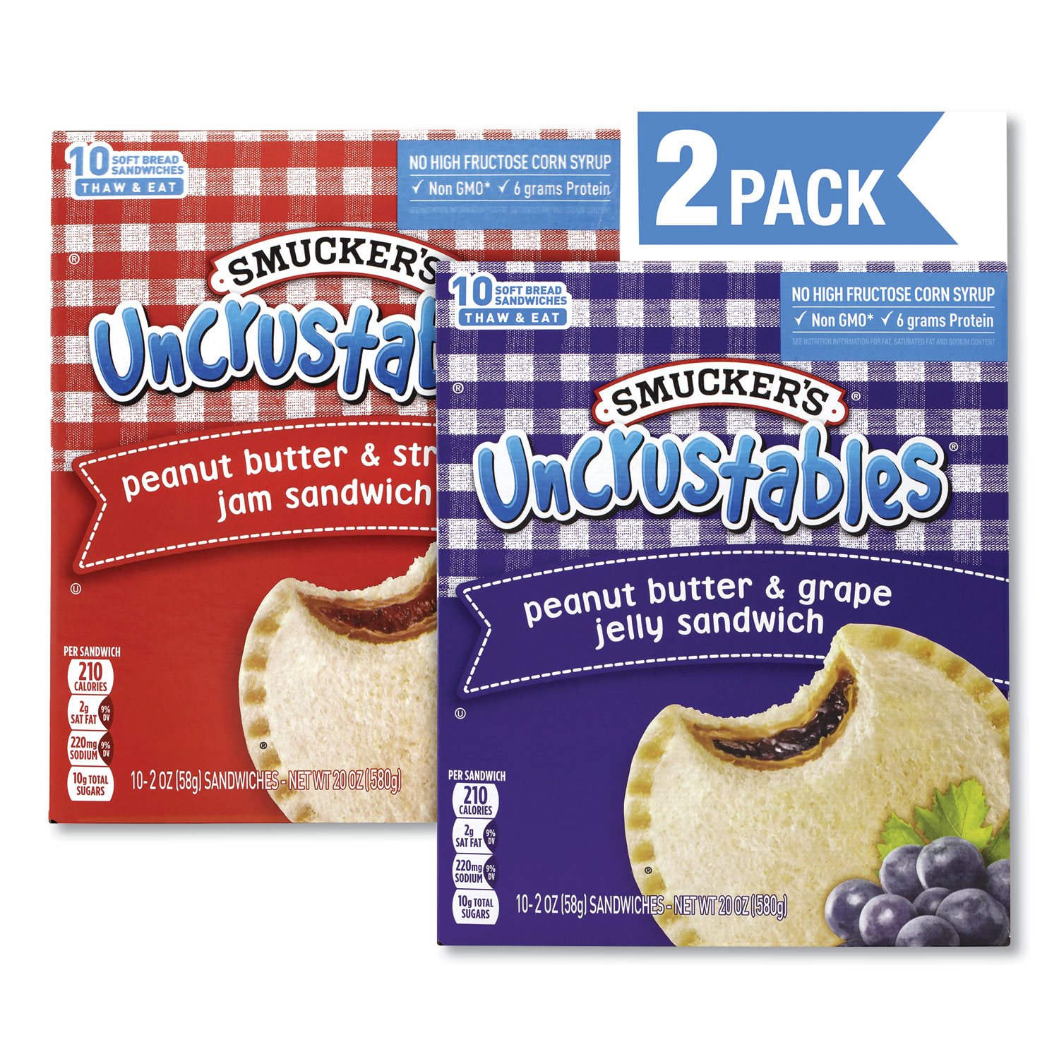 Smuckers® UNCRUSTABLES Soft Bread Sandwiches, Grape/Strawberry, 2 oz, 10 Sandwiches/Pack, 2 PK/Box, Free Delivery in 1-4 Business Days