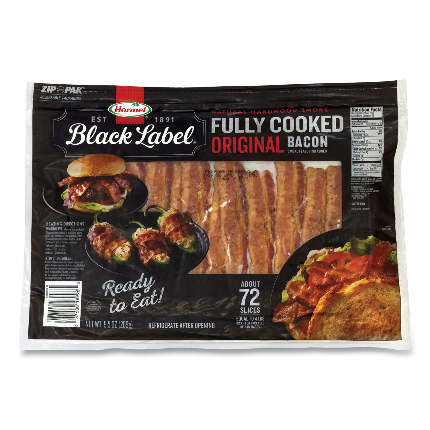  Hormel Black Label 189965 Fully Cooked Bacon, Original, 9.5 oz Package, Approximately 72 Slices/Pack, Free Delivery in 1-4 Business Days (GRR90200109) 
