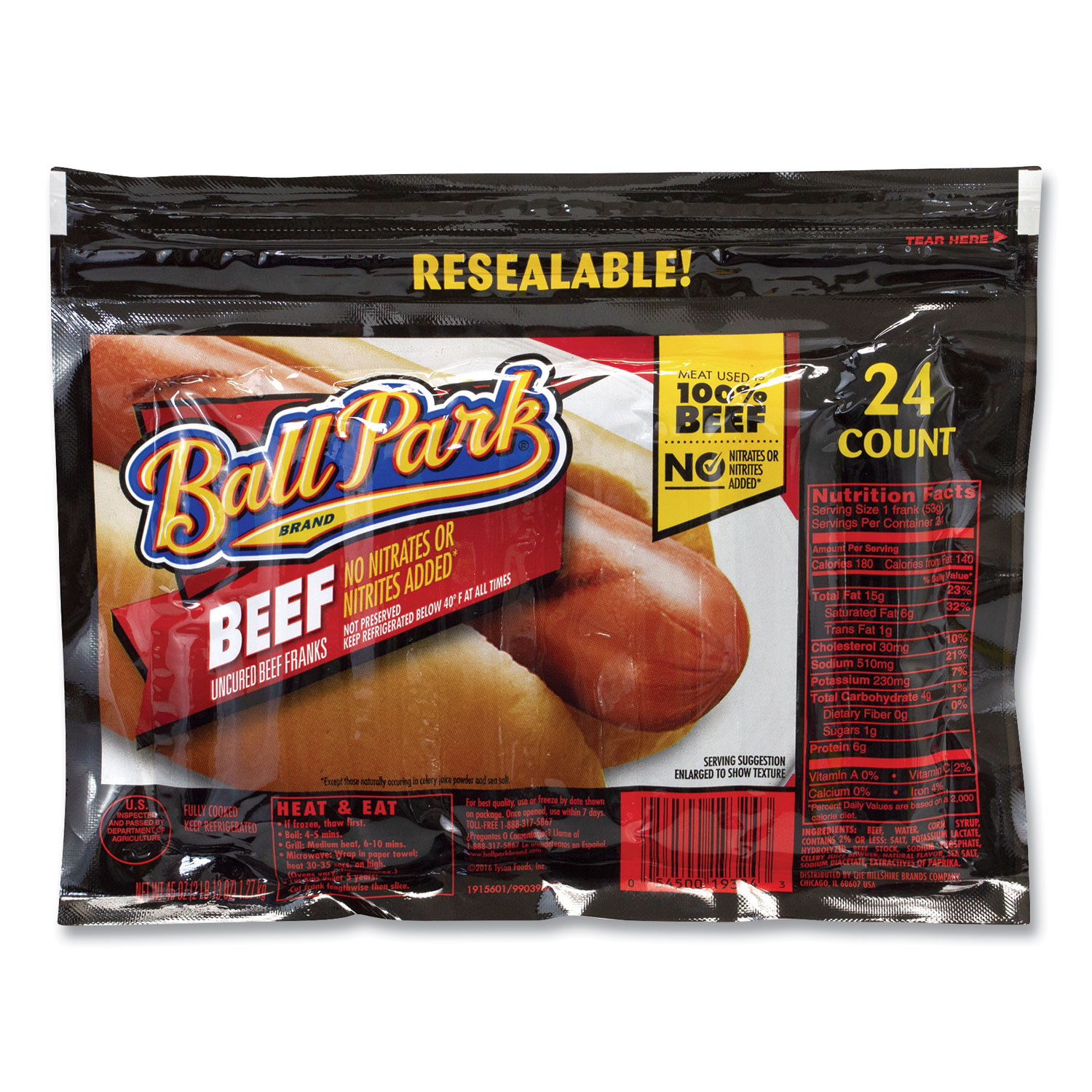  Ball Park Brand 19324 Beef Franks Hot Dogs, 45 oz Pack, 24/Pack, Free Delivery in 1-4 Business Days (GRR90200092) 
