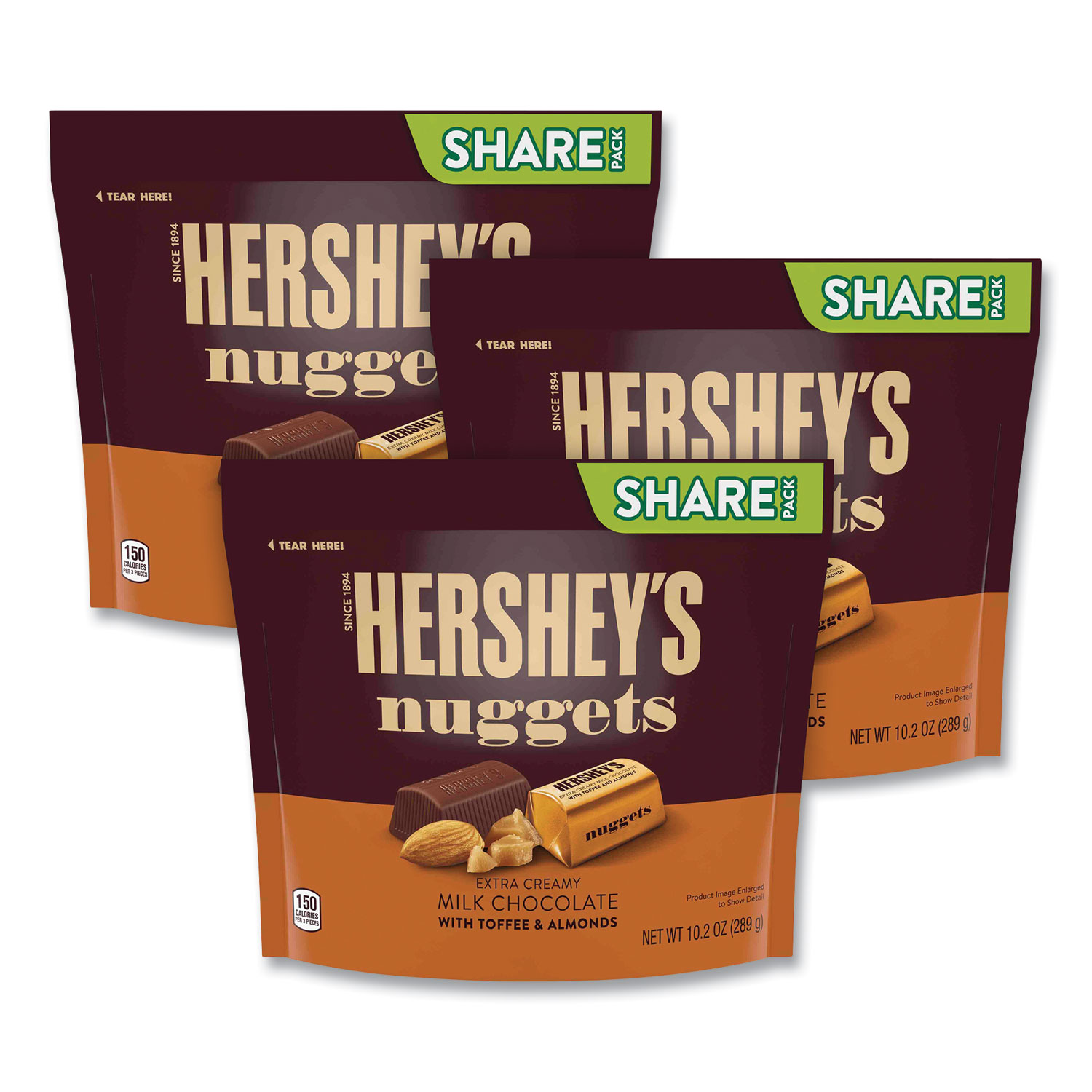  Hershey's 1875 Nuggets Share Pack, Milk Chocolate with Toffee and Almonds, 10.2 oz Bag, 3/Pack, Free Delivery in 1-4 Business Days (GRR24600445) 