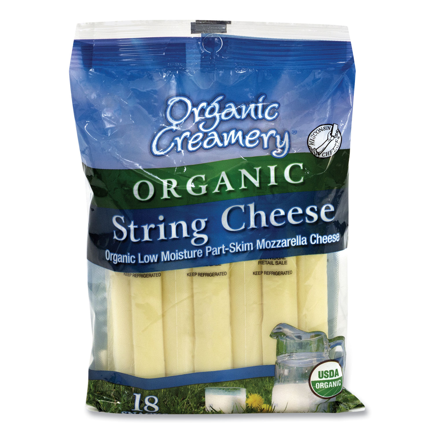 Organic Creamery 12974 Organic String Cheese, Mozzarella, 1 oz, 18/Pack, Free Delivery in 1-4 Business Days (GRR90200074) 