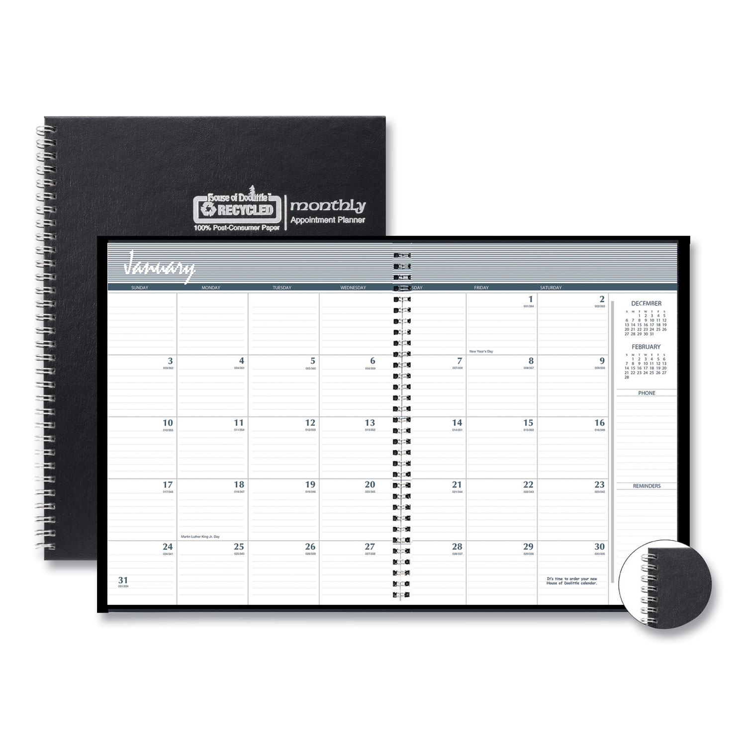 One-Year Monthly Hard Cover Planner, 11 x 8.5, Black, 2022-2024