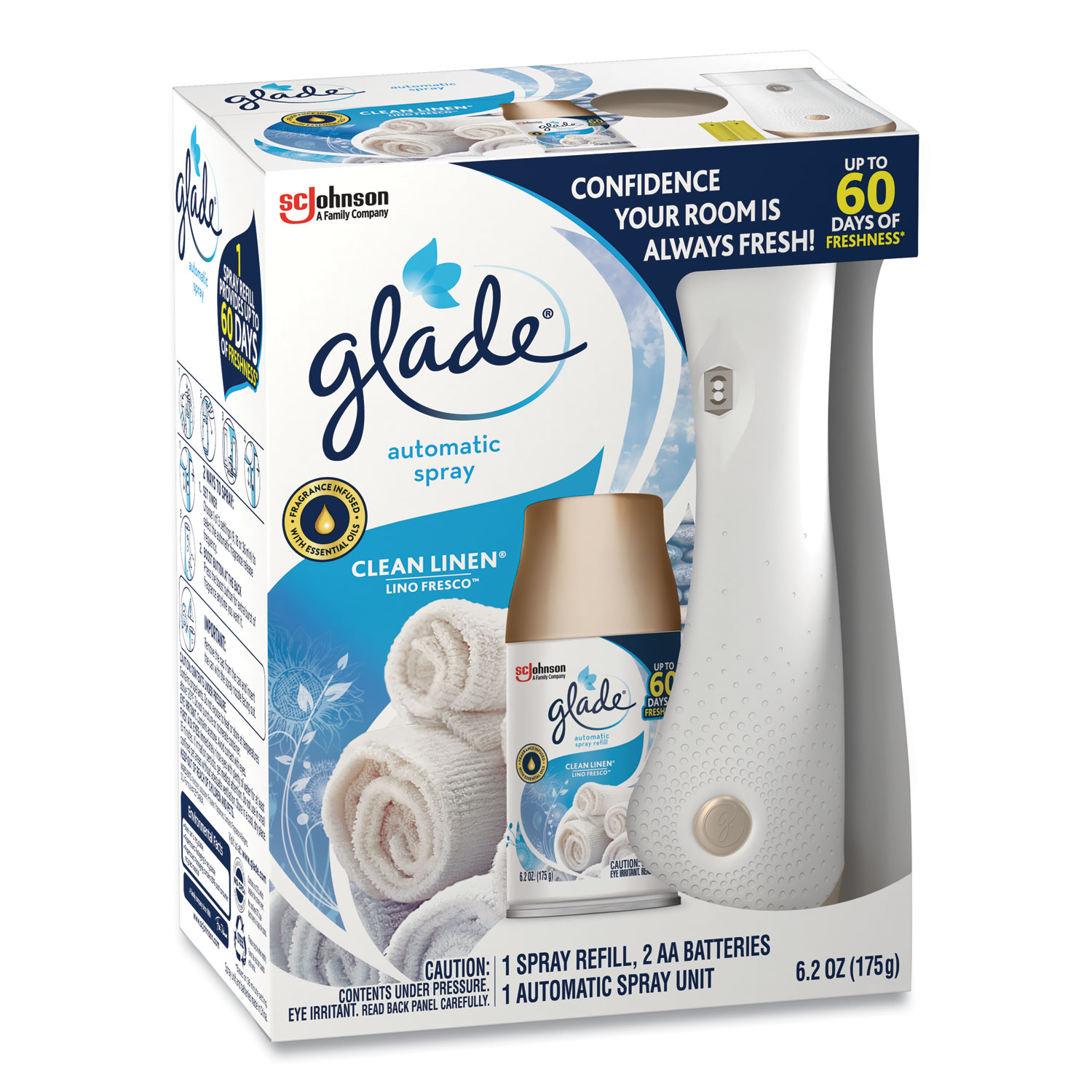 Glade® Automatic Air Freshener Starter Kit, Spray Unit and Refill, Clean Linen, 6.2 oz Gem