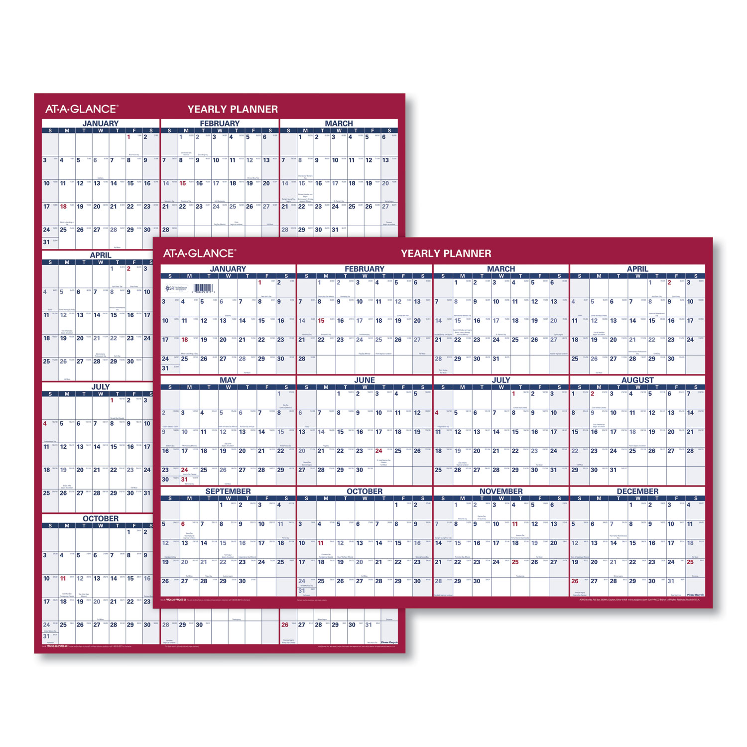  AT-A-GLANCE PM326-28 Erasable Vertical/Horizontal Wall Planner, 32 x 48, Blue/Red, 2020 (AAGPM32628) 
