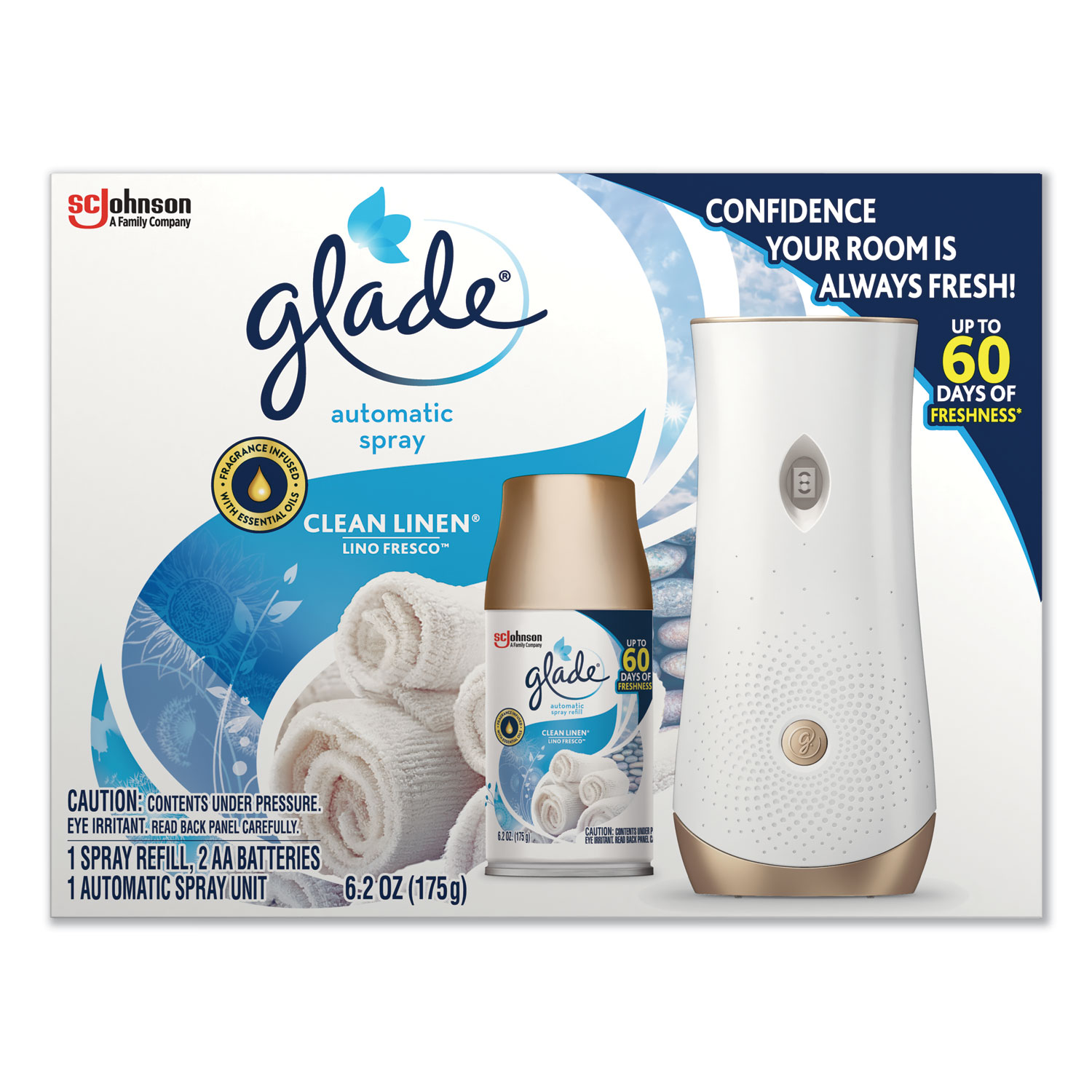  Glade 310916 Automatic Air Freshener Starter Kit, Spray Unit and Refill, Clean Linen, 6.2 oz, 4/Carton (SJN310916) 