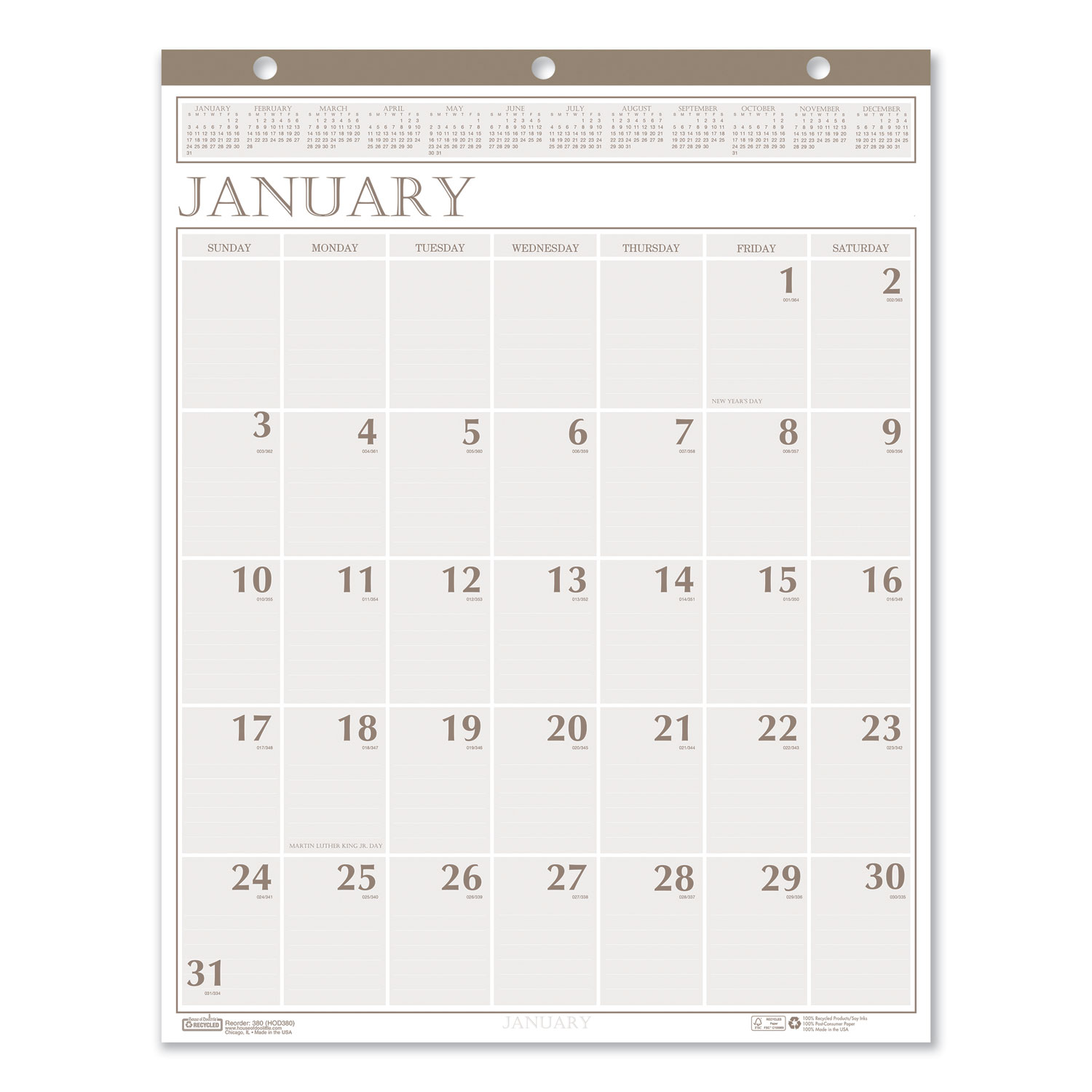 Recycled Large Print Monthly Wall Calendar, Leatherette Binding, 20 x 26, 2022