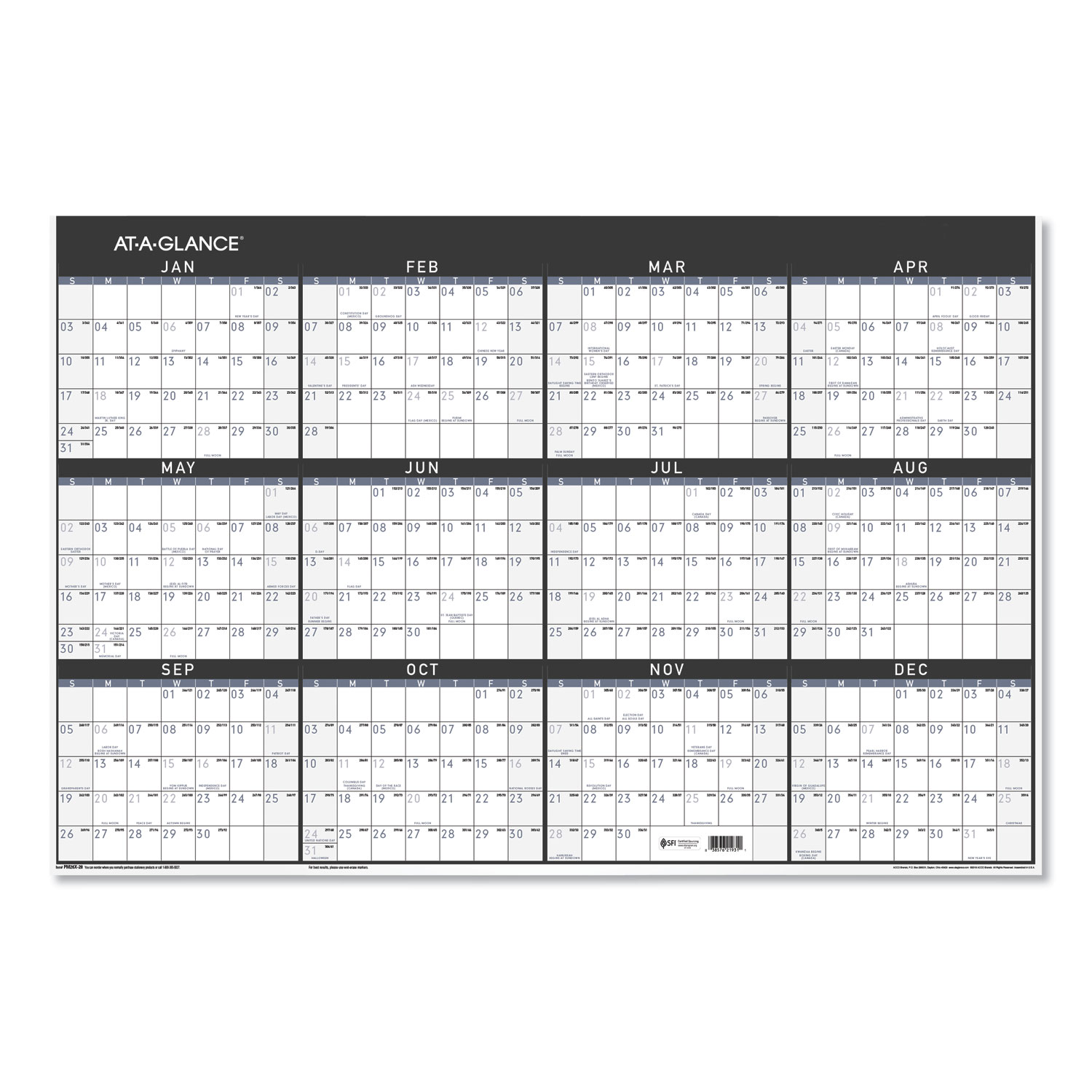  AT-A-GLANCE PM26X28 Contemporary Two-Sided Yearly Erasable Wall Planner, 24 x 36, 2020 (AAGPM26X28) 