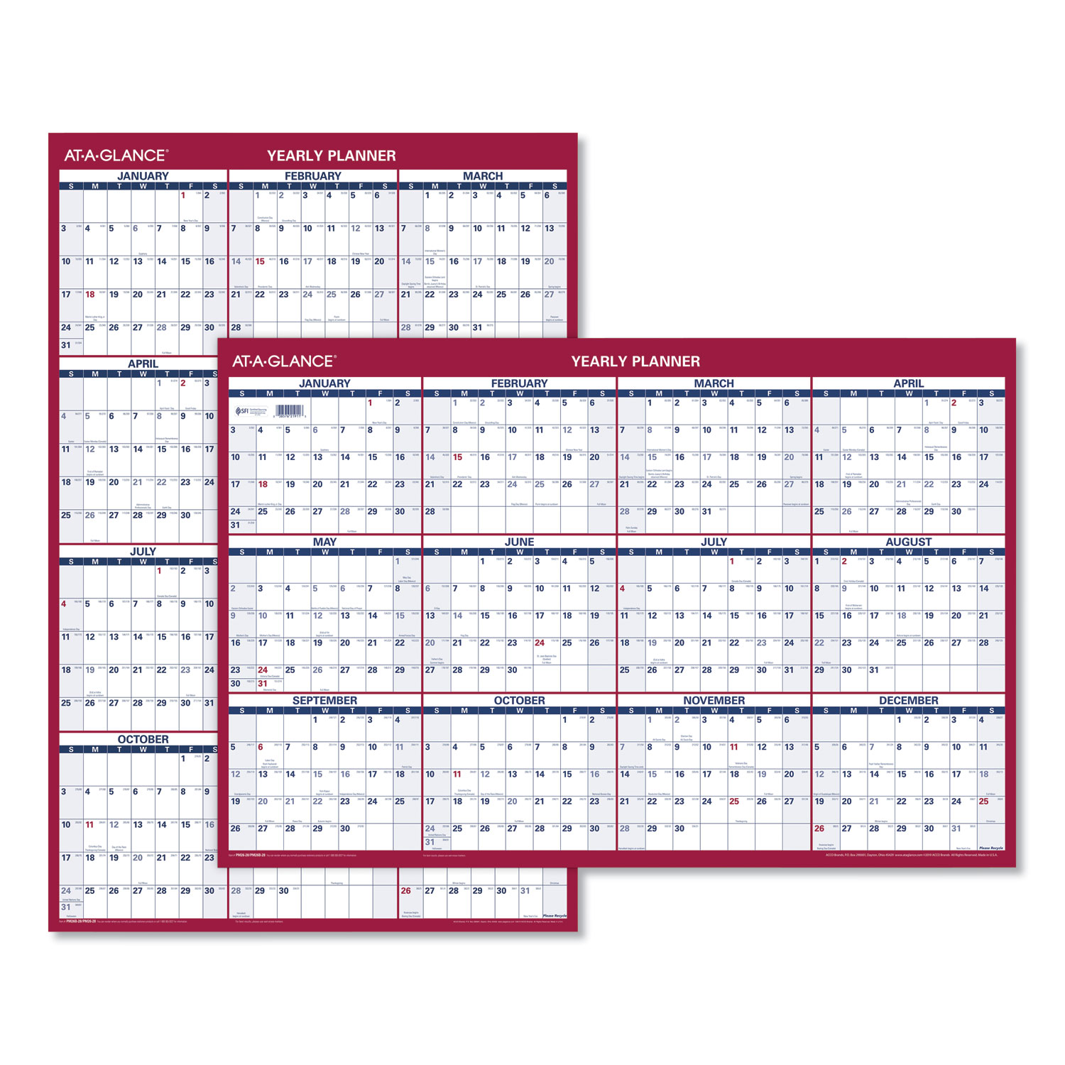  AT-A-GLANCE PM26-28 Erasable Vertical/Horizontal Wall Planner, 24 x 36, Blue/Red, 2020 (AAGPM2628) 