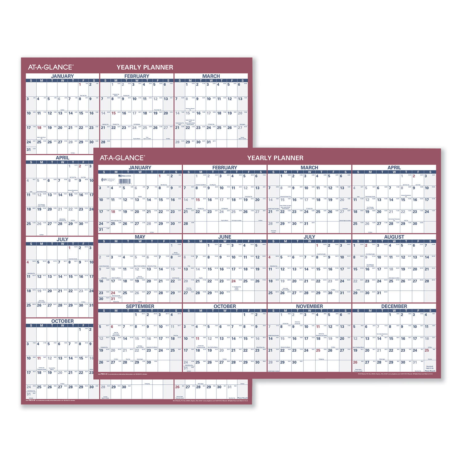 AT A GLANCE Vertical Horizontal Wall Calendar 24 X 36 White Blue Red 