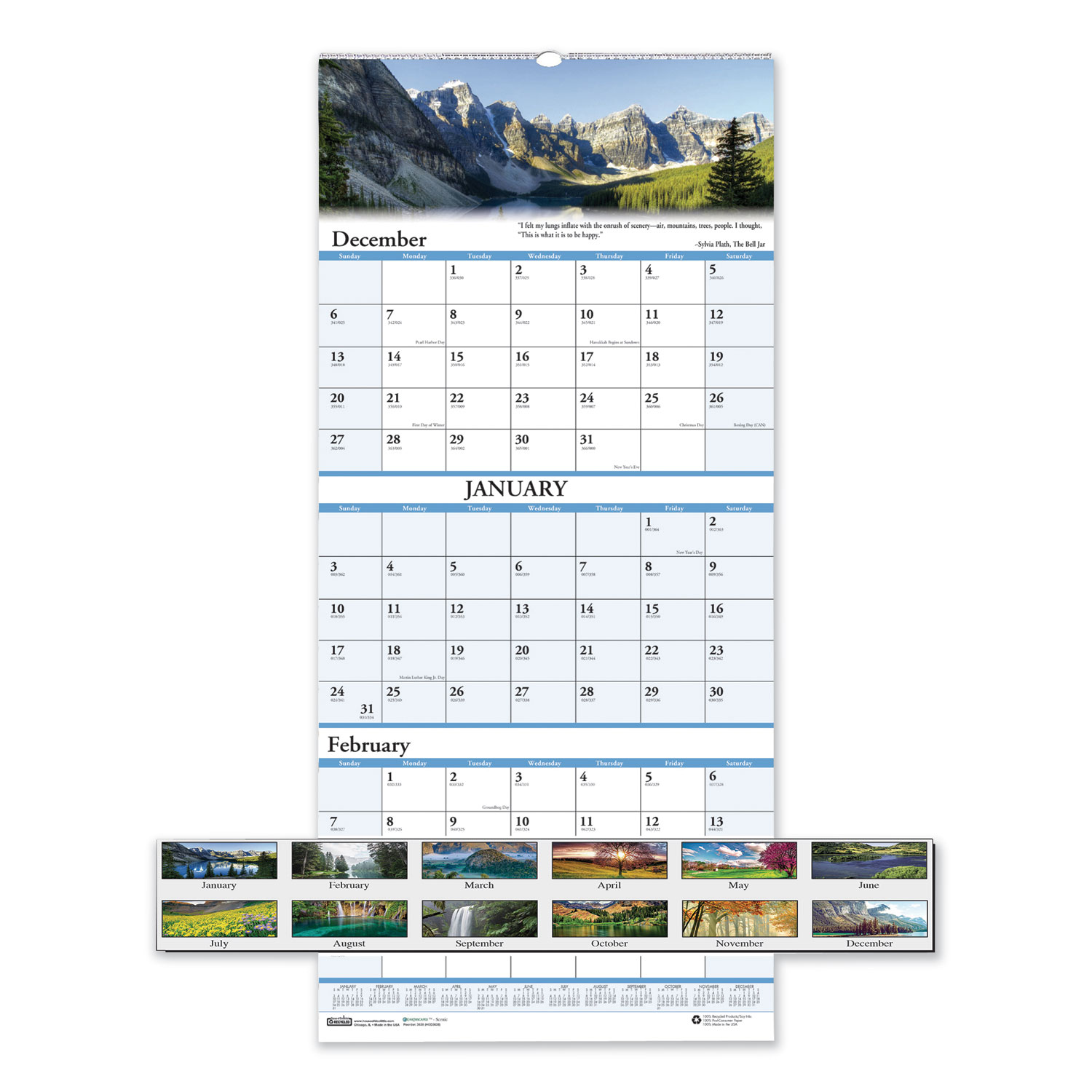 Recycled Scenic Landscapes Three-Month/Page Wall Calendar, 12.25 x 26, 2022-2024