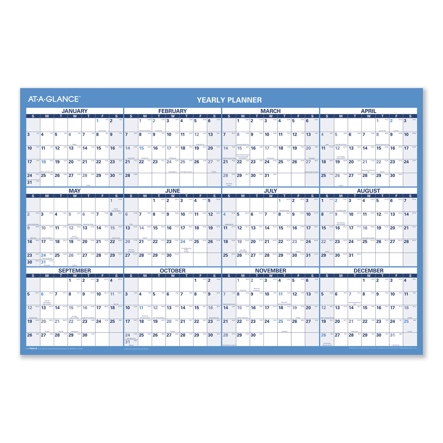  AT-A-GLANCE PM200-28 Horizontal Erasable Wall Planner, 36 x 24, Blue/White, 2020 (AAGPM20028) 