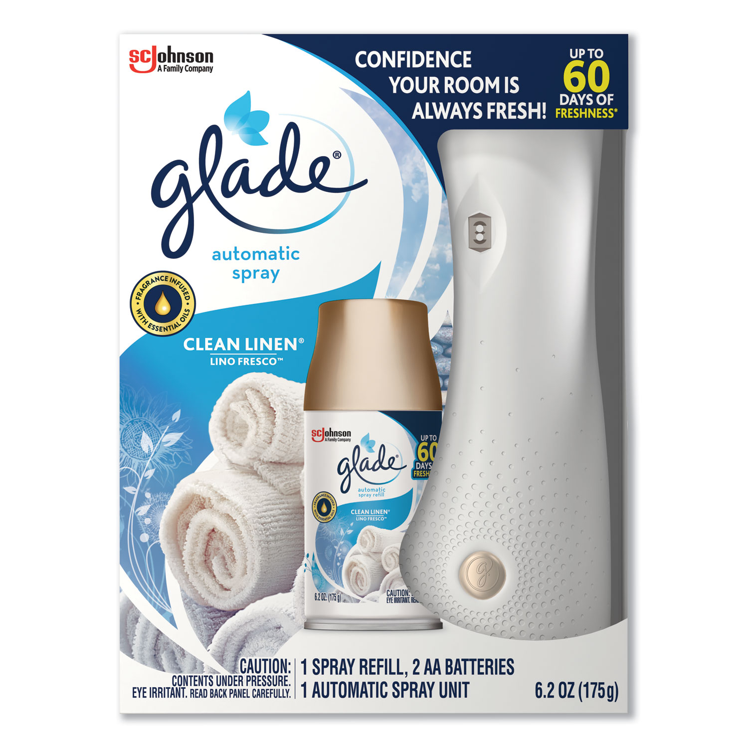  Glade 310916 Automatic Air Freshener Starter Kit, Spray Unit and Refill, Clean Linen, 6.2 oz (SJN310916KT) 