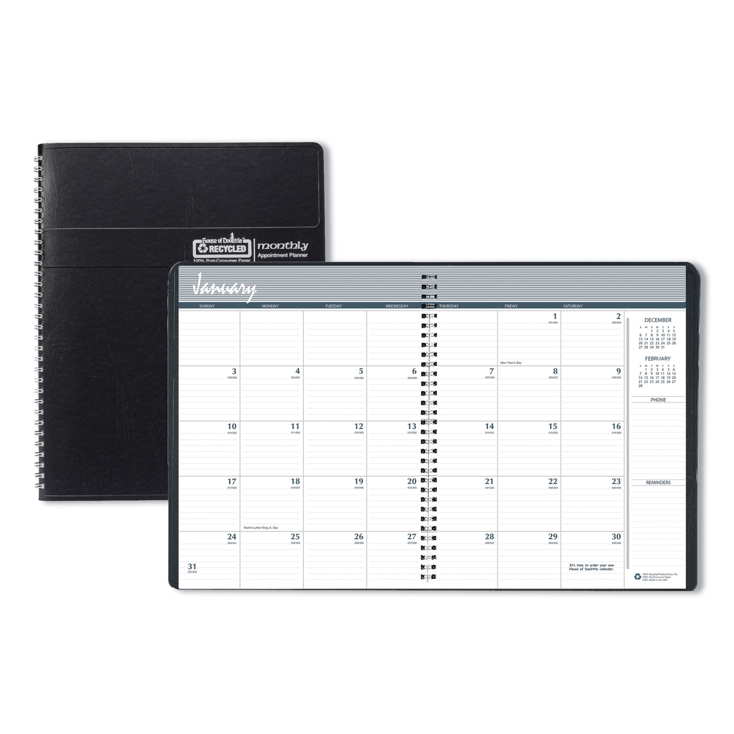 Recycled Ruled Monthly Planner, 14-Month Dec.-Jan., 11 x 8.5, Black, 2022-2024