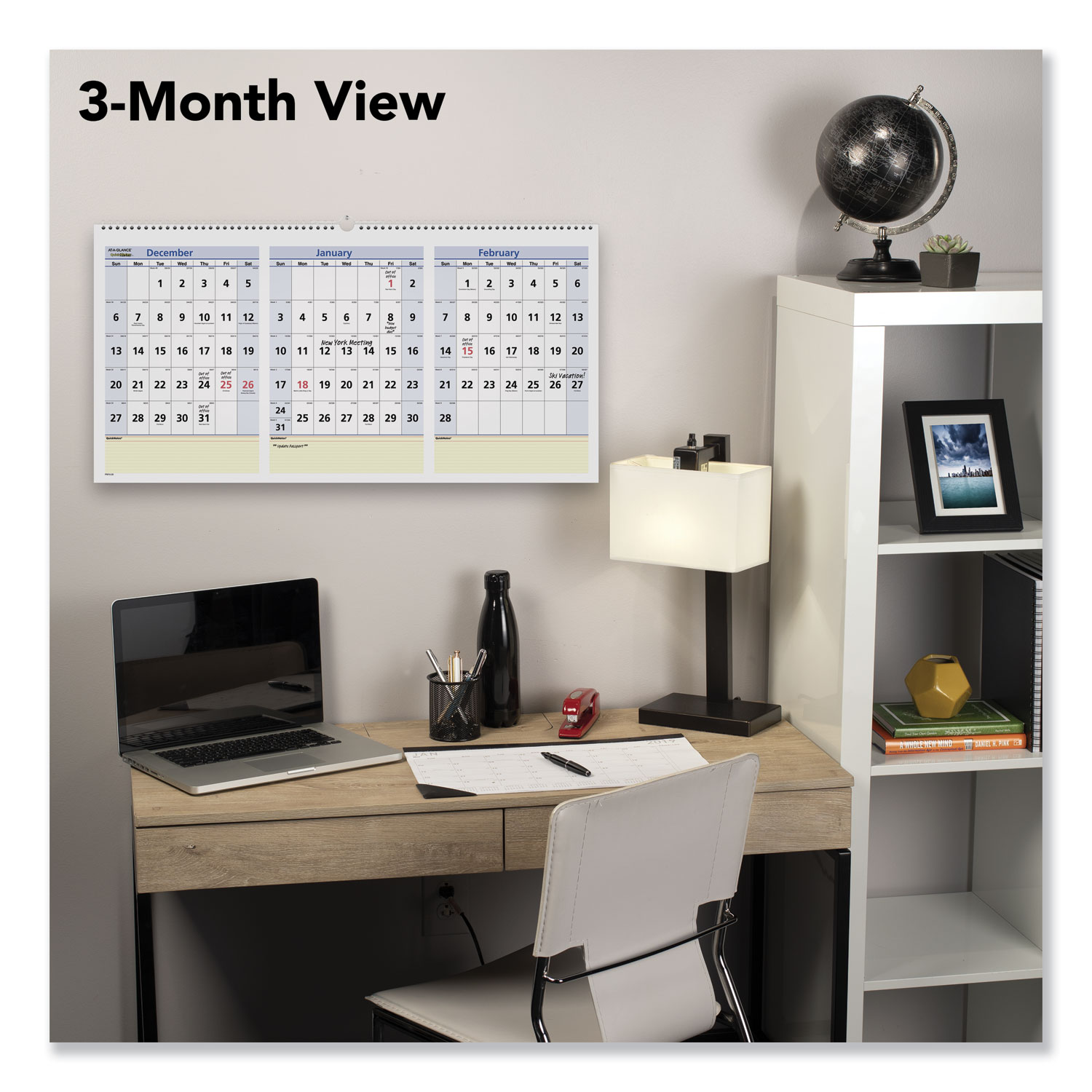 QuickNotes ThreeMonth Wall Calendar in Horizontal Format, 24 x 12